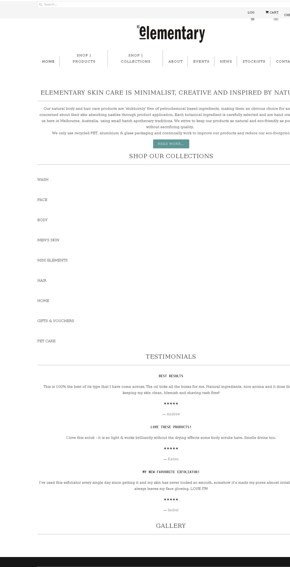 elementaryskincare.com.au shopify website screenshot