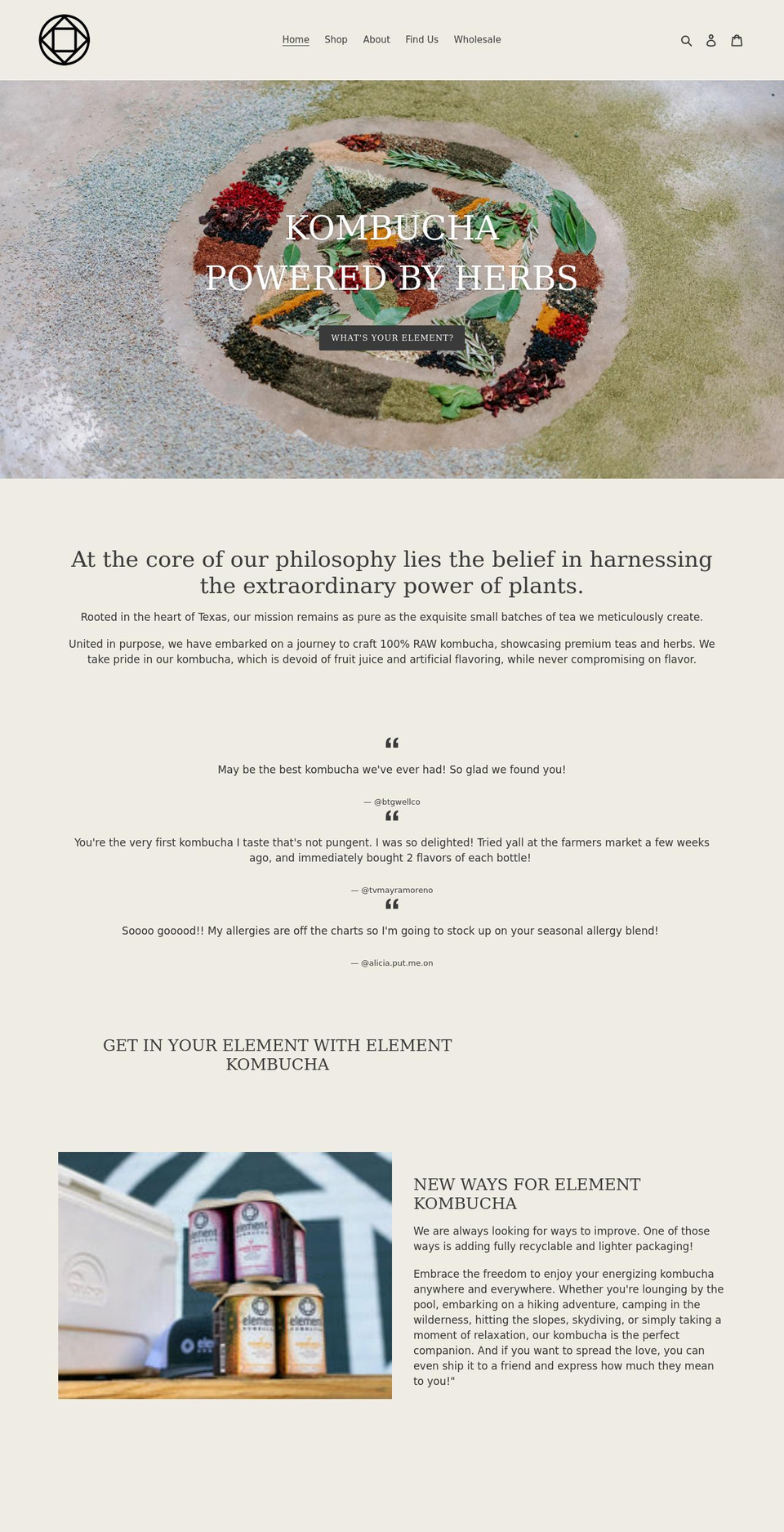 elementkombucha.com shopify website screenshot