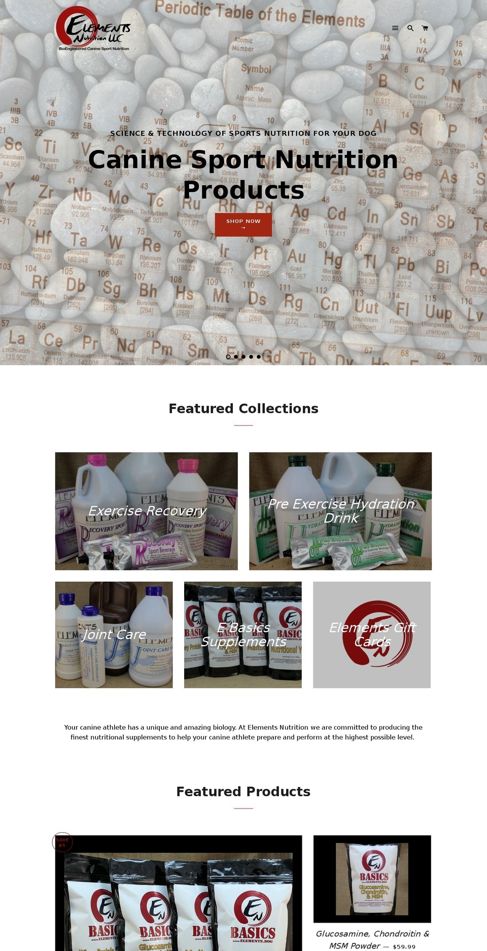 elements4dogs.com shopify website screenshot