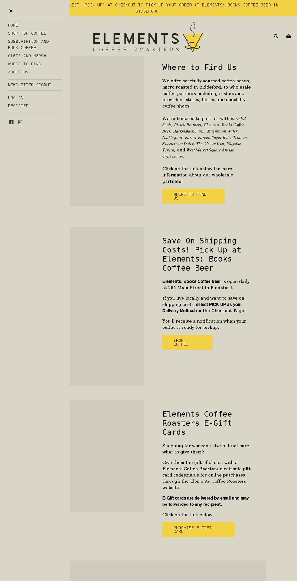 elementscoffeeroasters.com shopify website screenshot