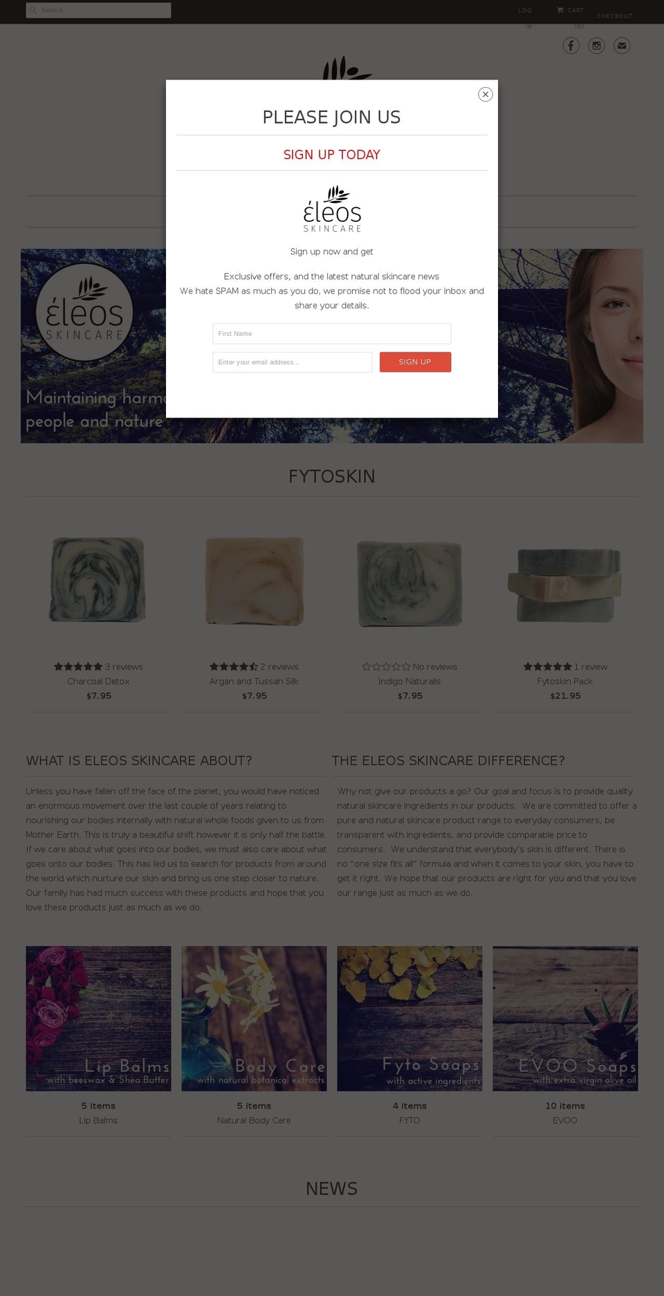 eleosskincare.com shopify website screenshot