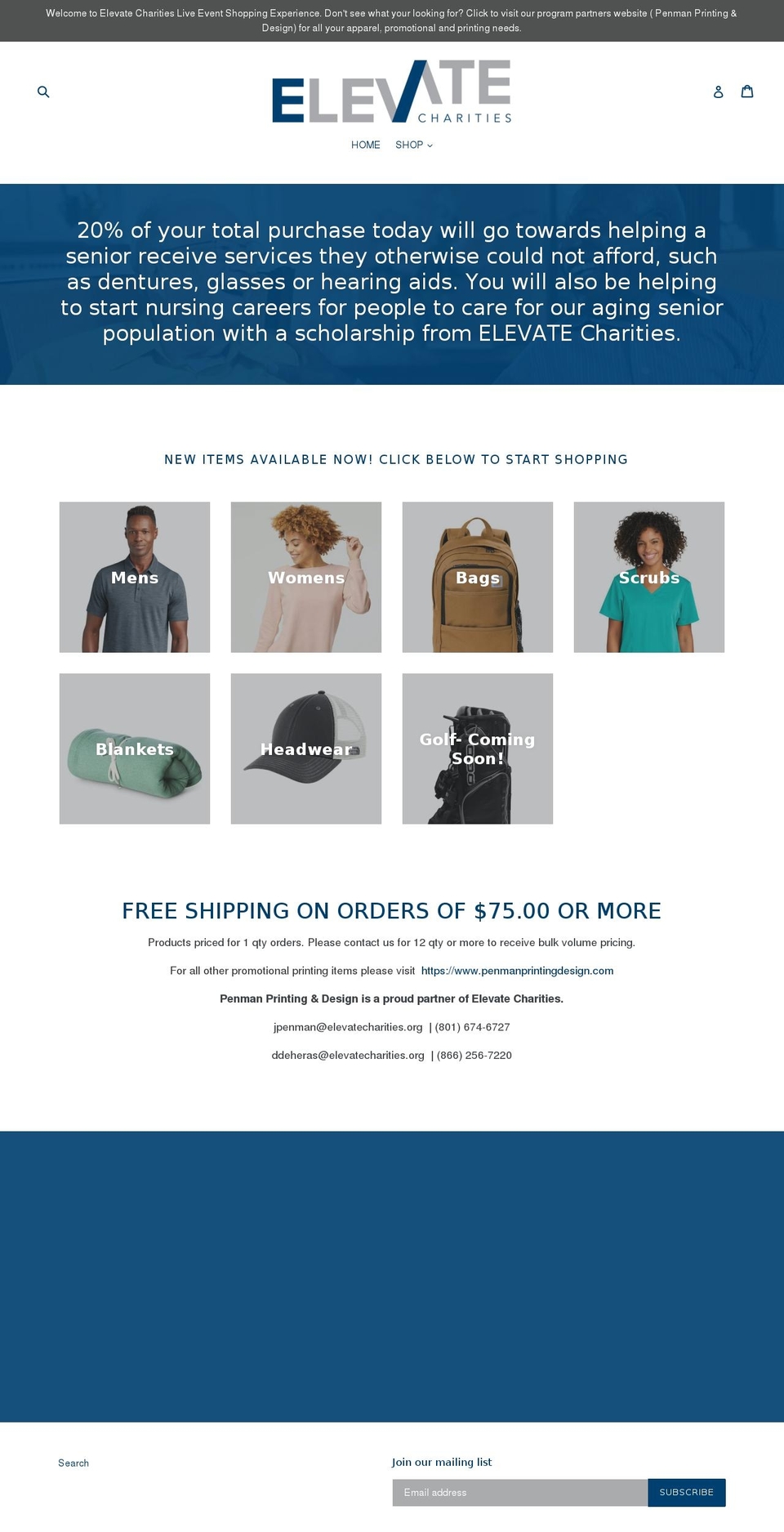 elevatecharities-liveevent.org shopify website screenshot