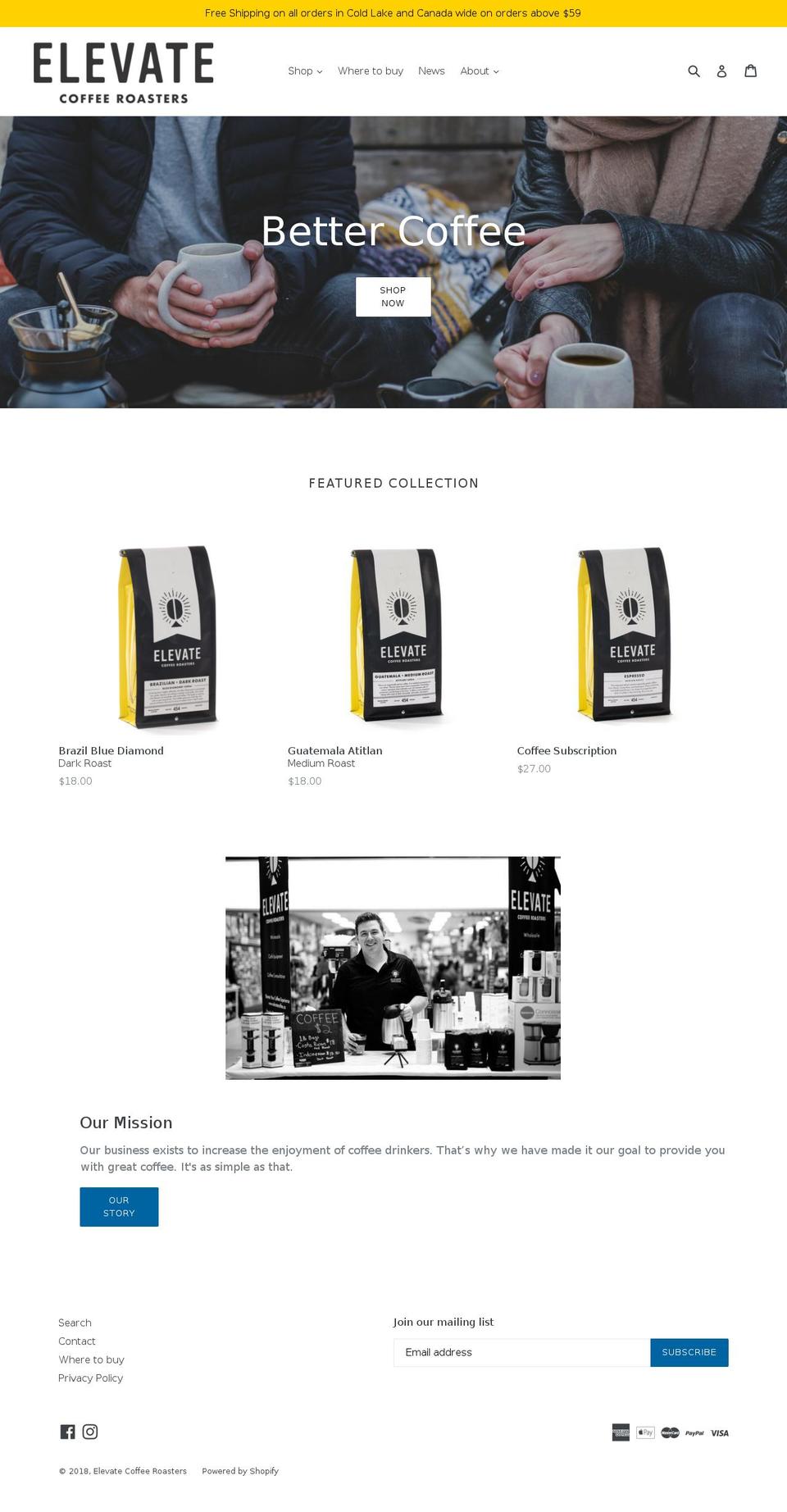 elevatecoffee.ca shopify website screenshot