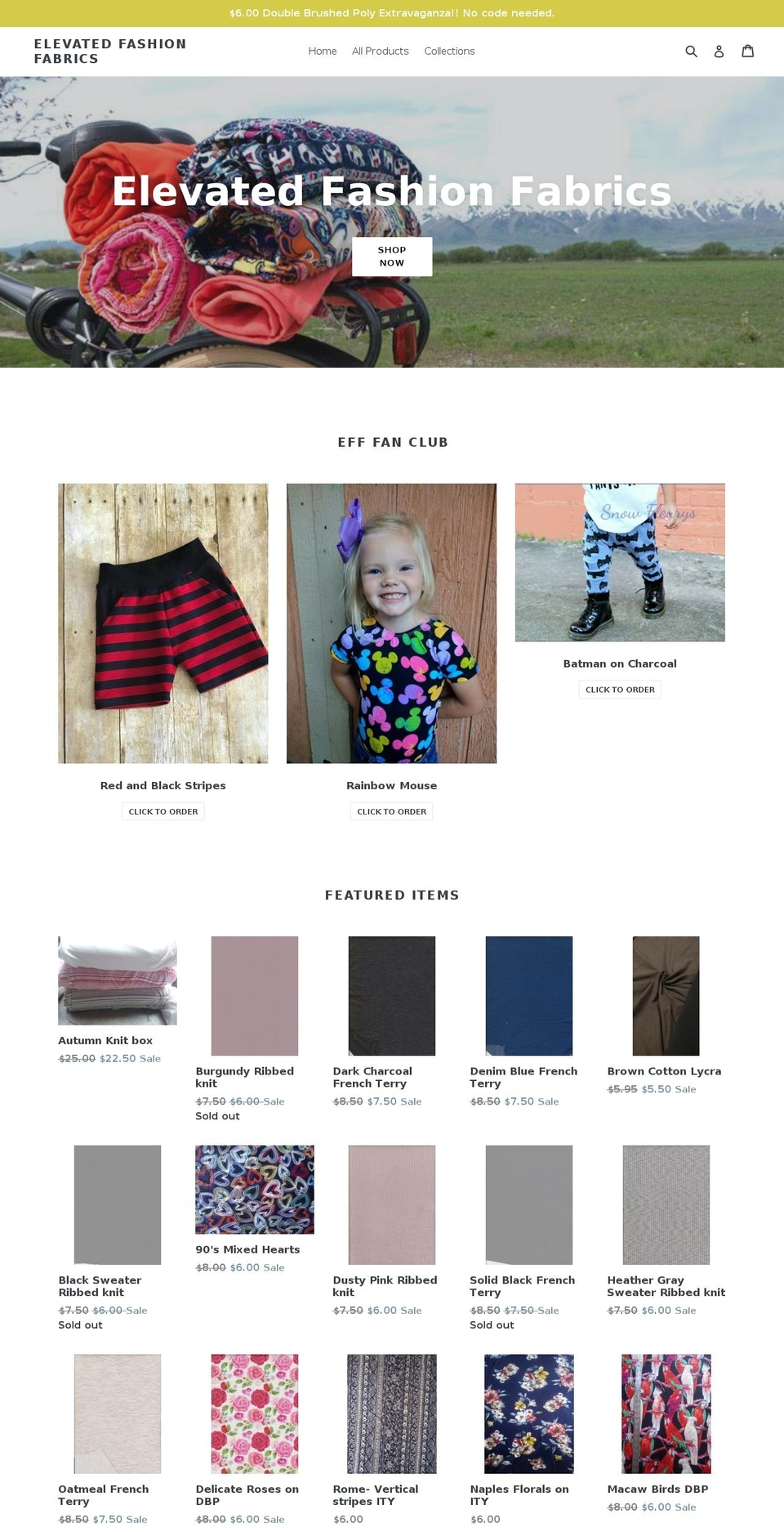 elevatedfashionfabrics.com shopify website screenshot