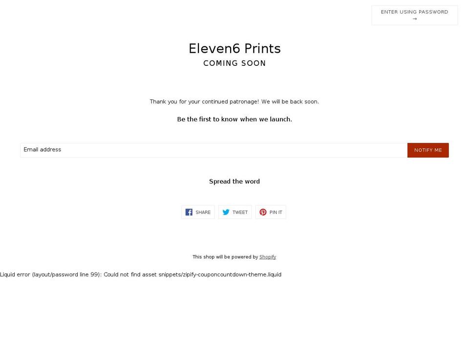 eleven6.myshopify.com shopify website screenshot