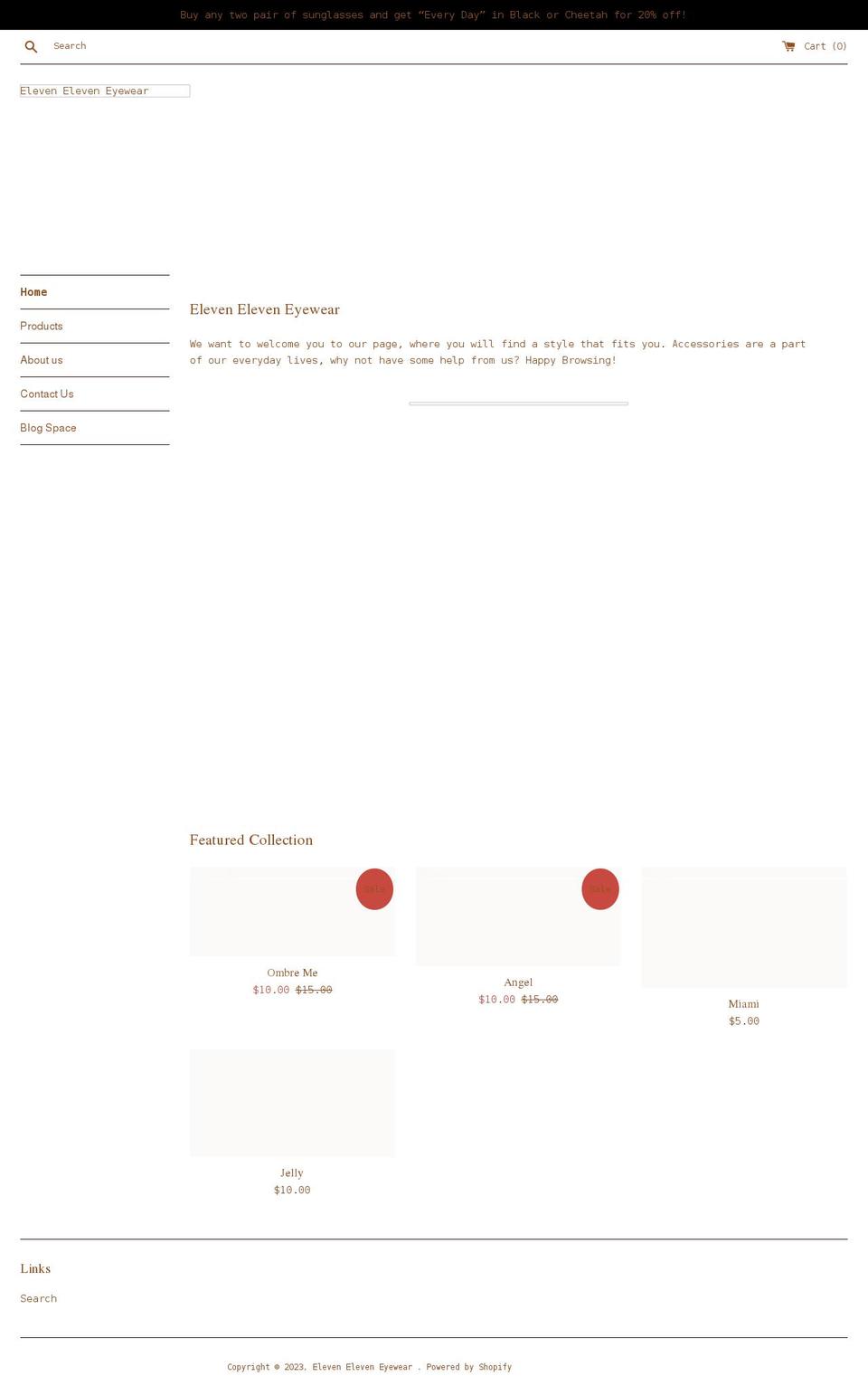 eleveneleveneyewear.com shopify website screenshot