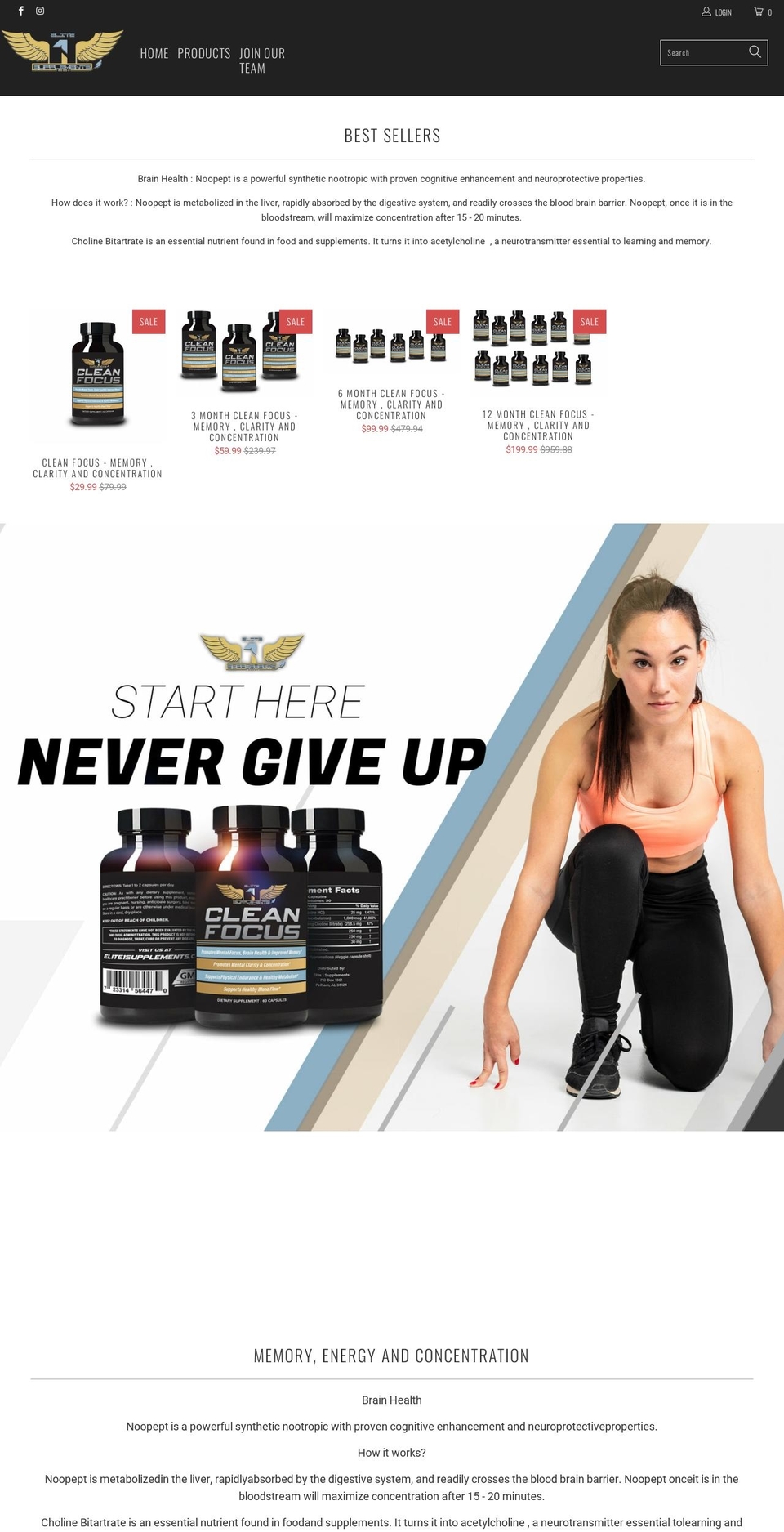 elite1supplements.com shopify website screenshot