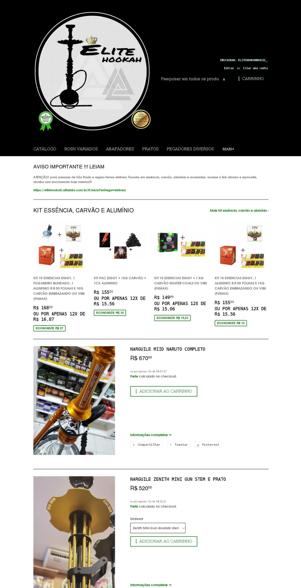 elitehookahbrasil.com shopify website screenshot