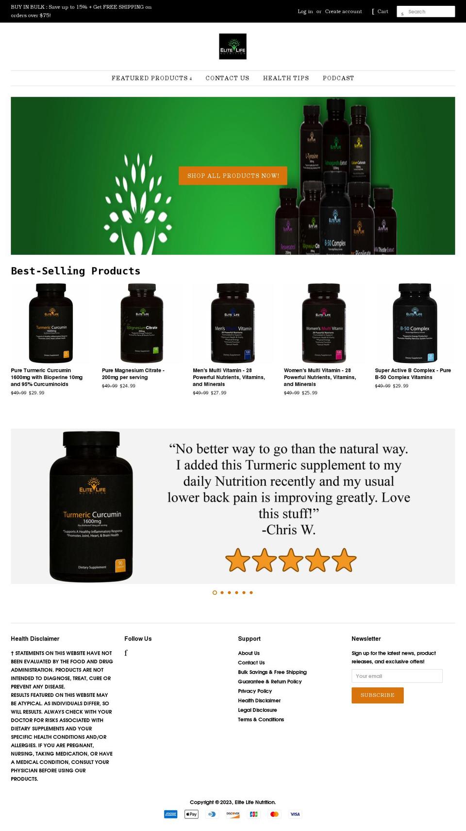 elitelifenutrition.com shopify website screenshot