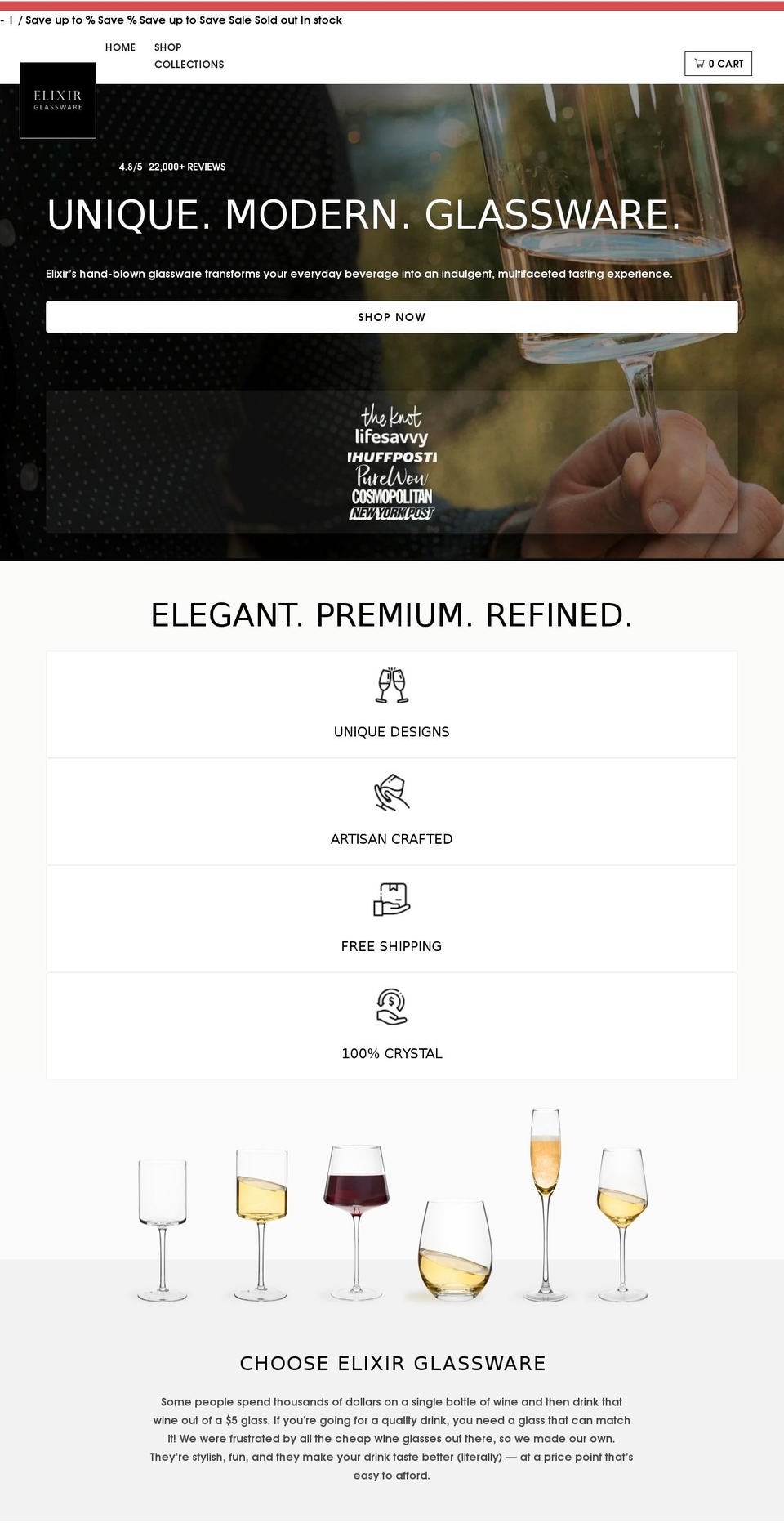 Homepage Shopify theme site example elixirglassware.com