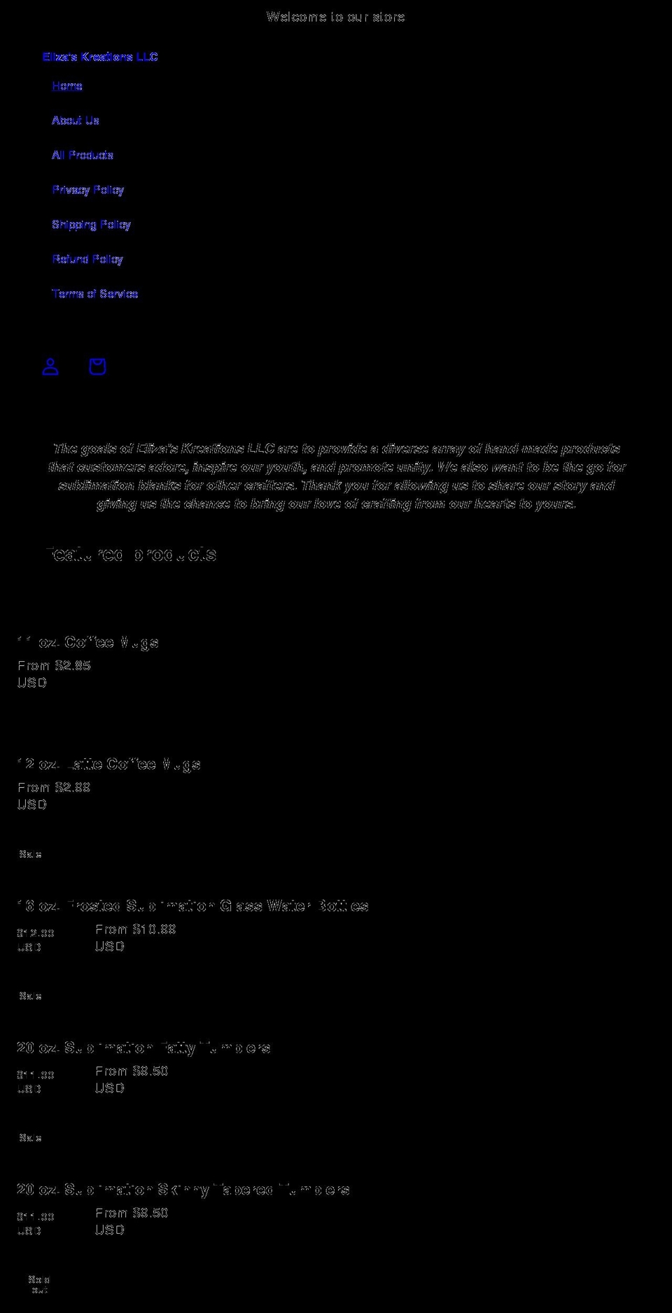 elizaskreationsllc.com shopify website screenshot