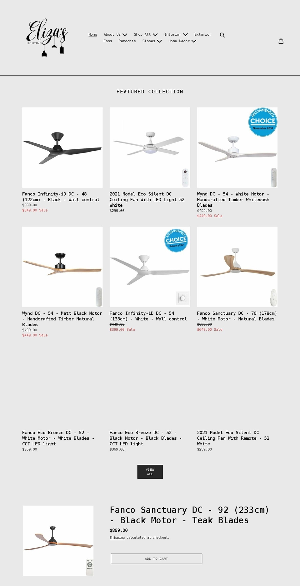 elizaslighting.com.au shopify website screenshot