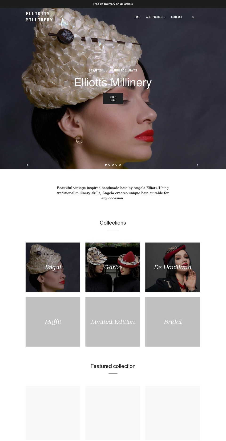elliottsmillinery.co.uk shopify website screenshot