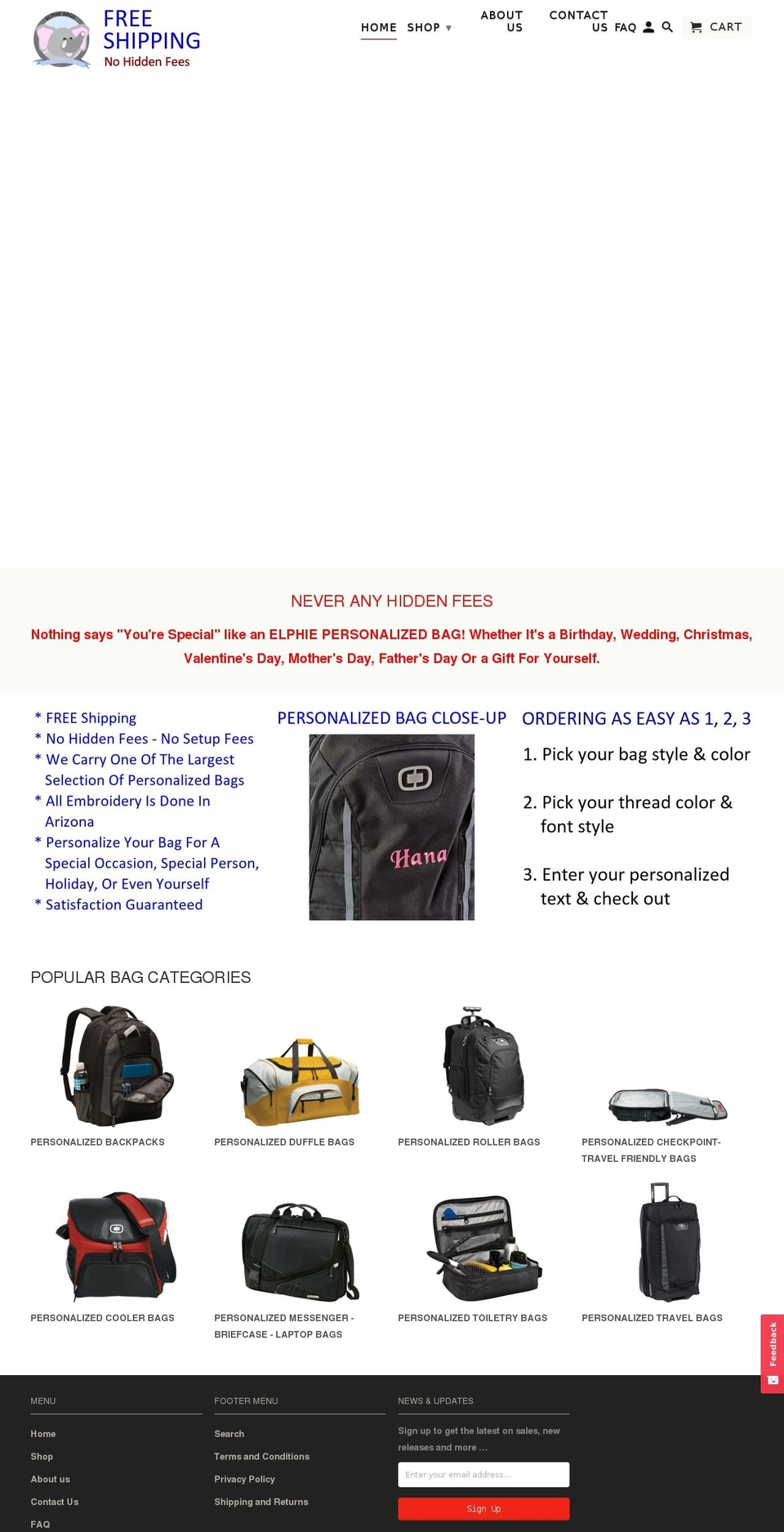 elphiepersonalizedbags.com — Shopify storefront screenshot