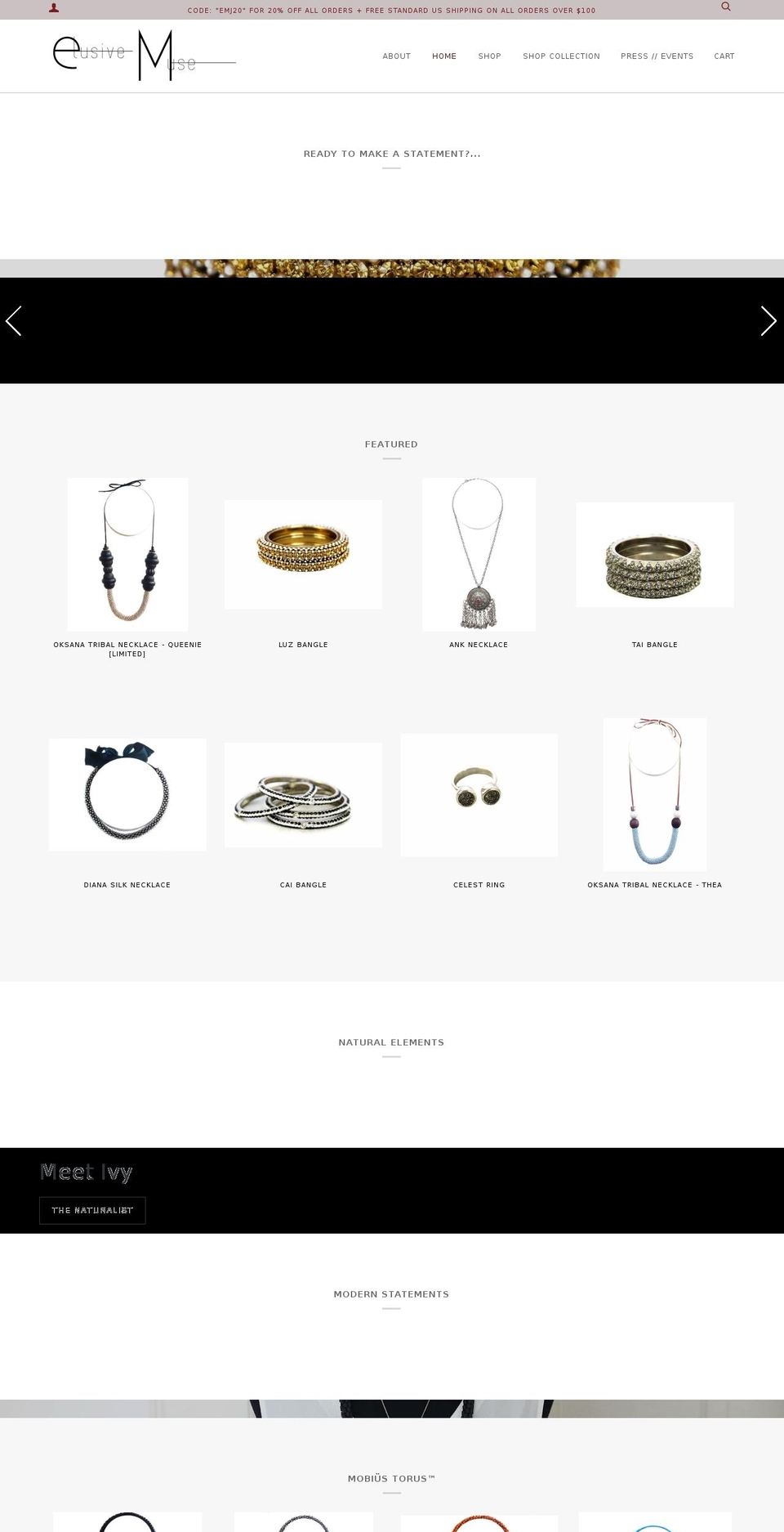 elusivemusejewelry.com shopify website screenshot