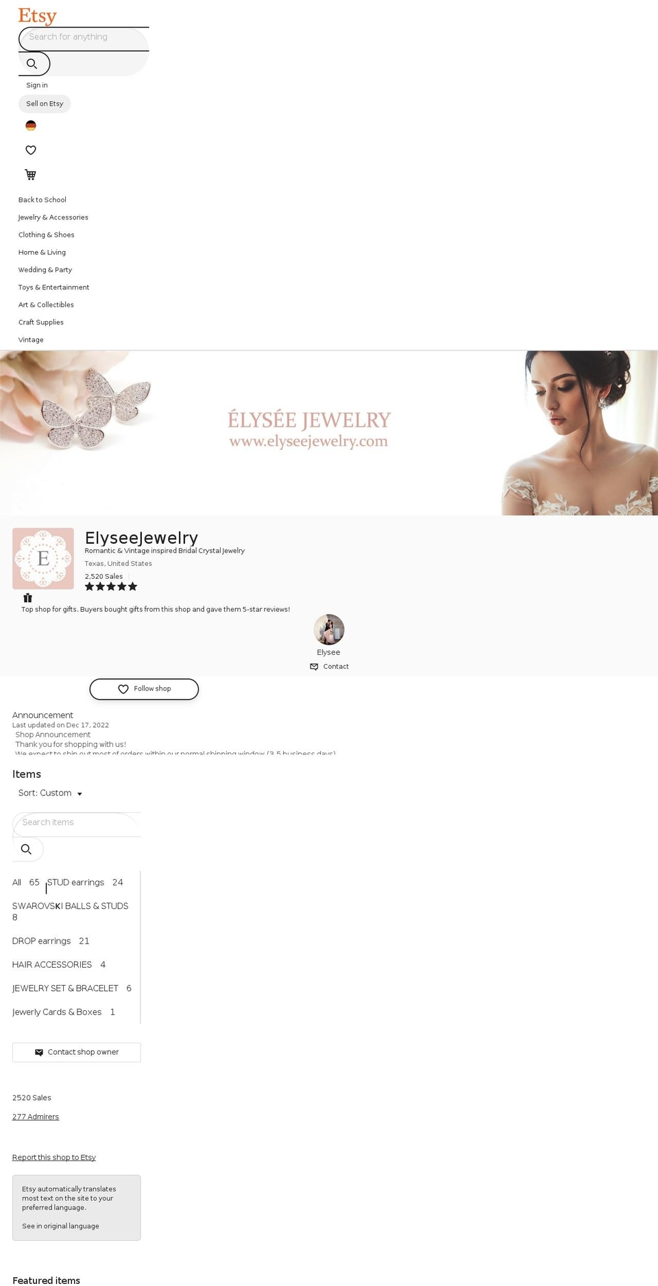 elyseejewelry.com — Shopify storefront screenshot