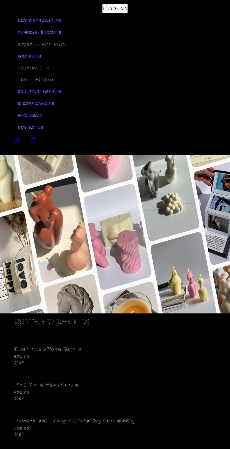 elysiancandles.com shopify website screenshot