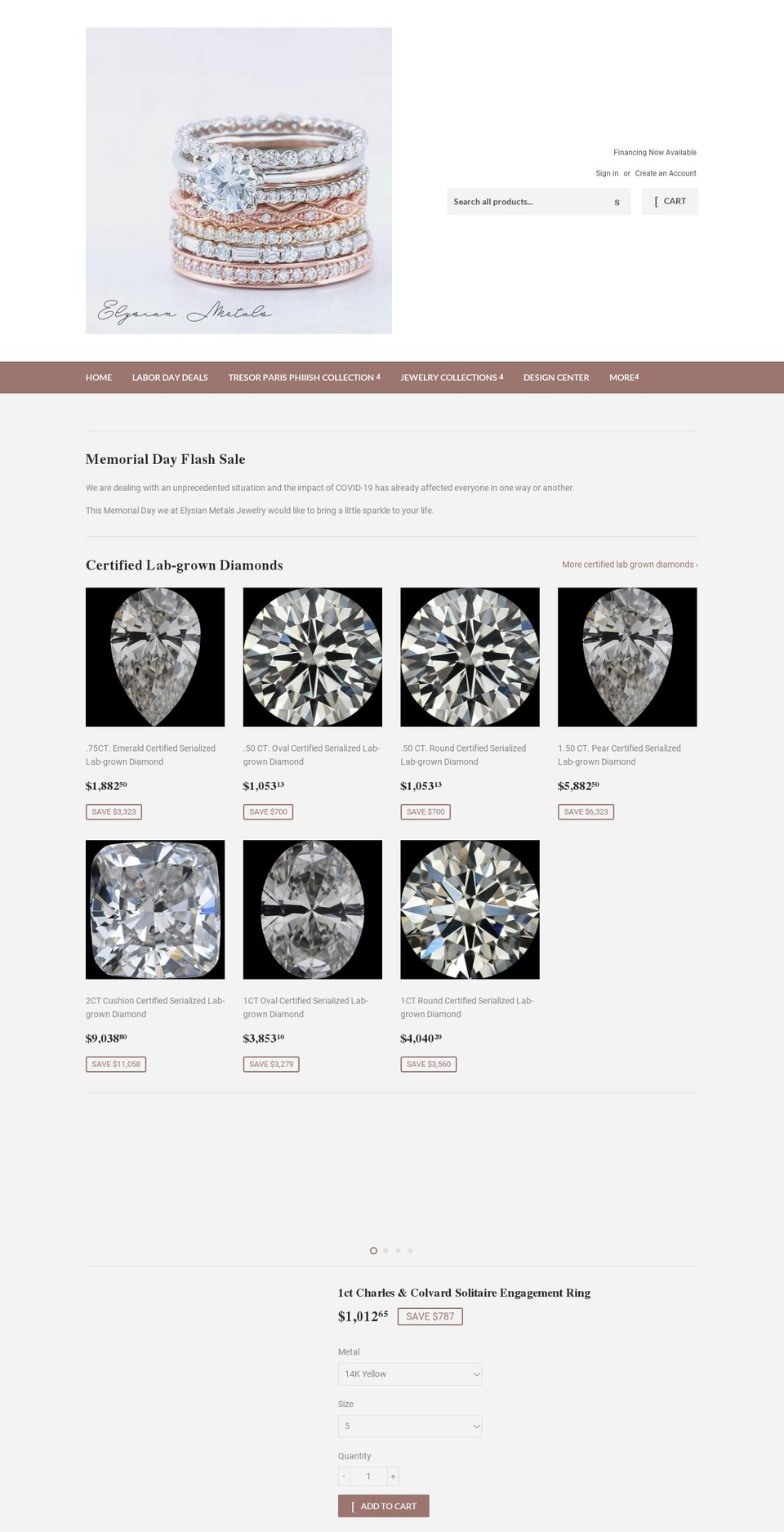 elysianmetals.com — Shopify storefront screenshot