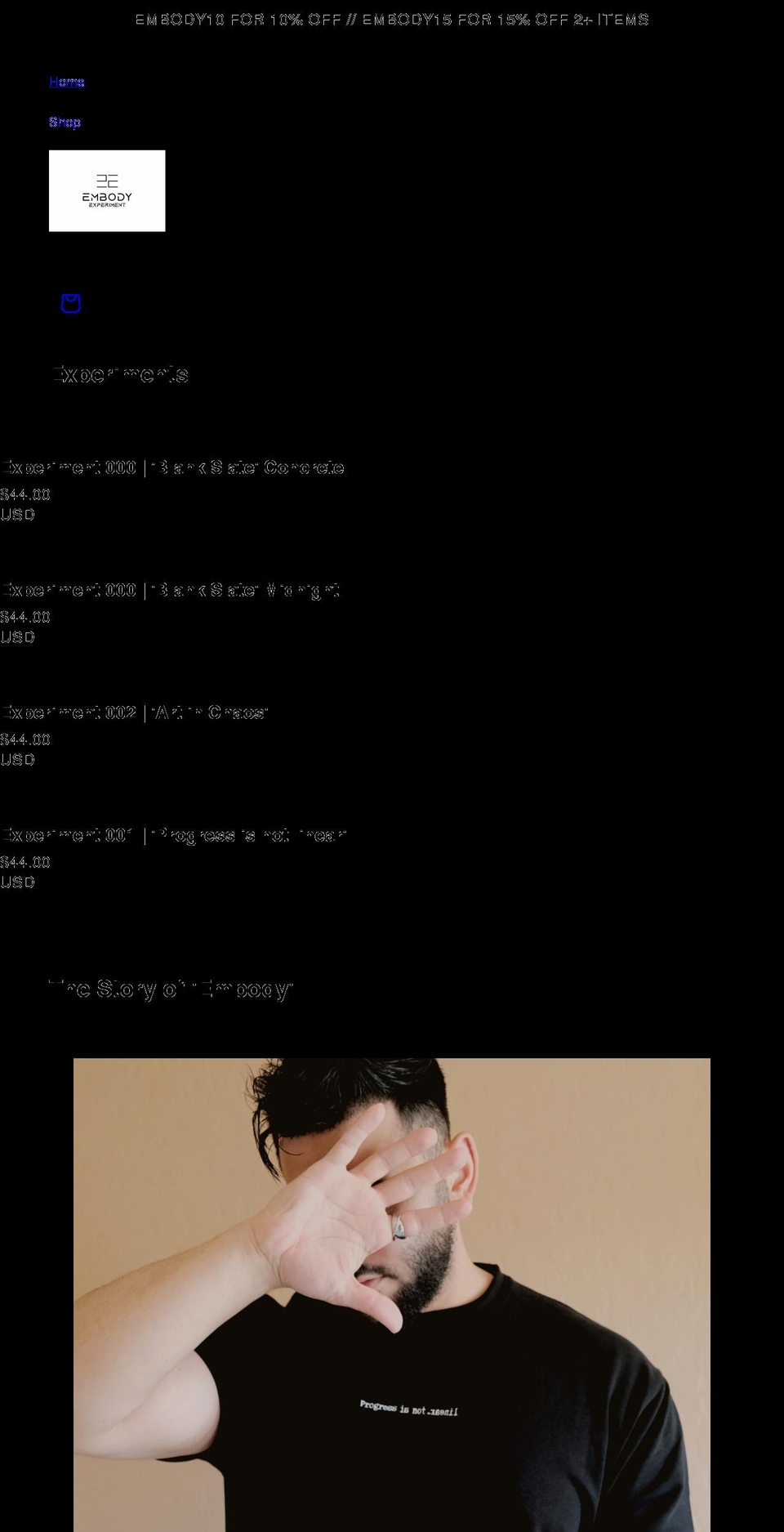 embodyexperiment.com shopify website screenshot