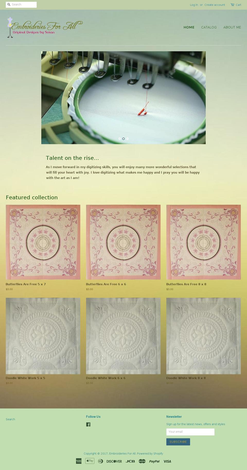 embroideriesforall.com shopify website screenshot