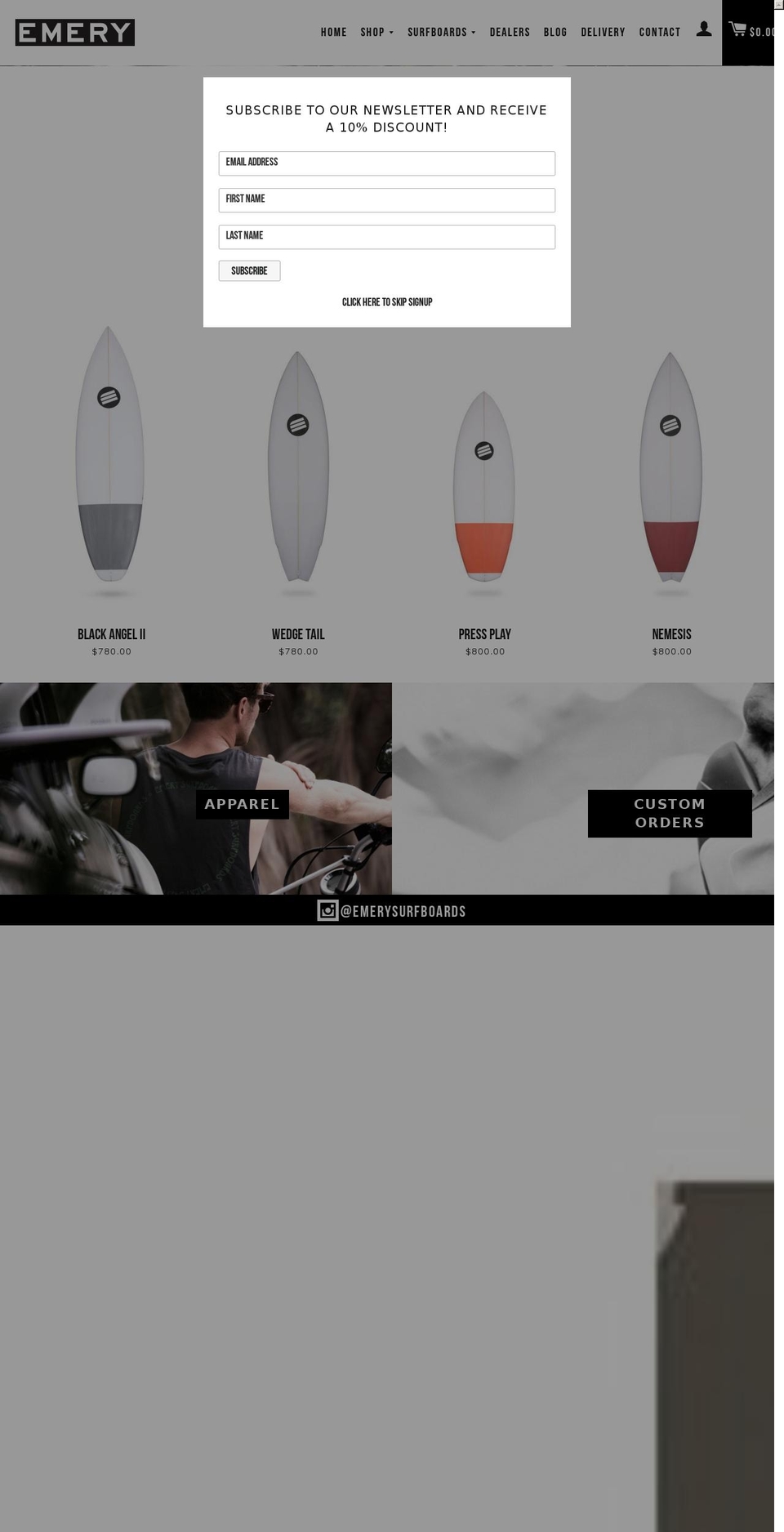 Clean Shopify theme site example emerysurfboards.com