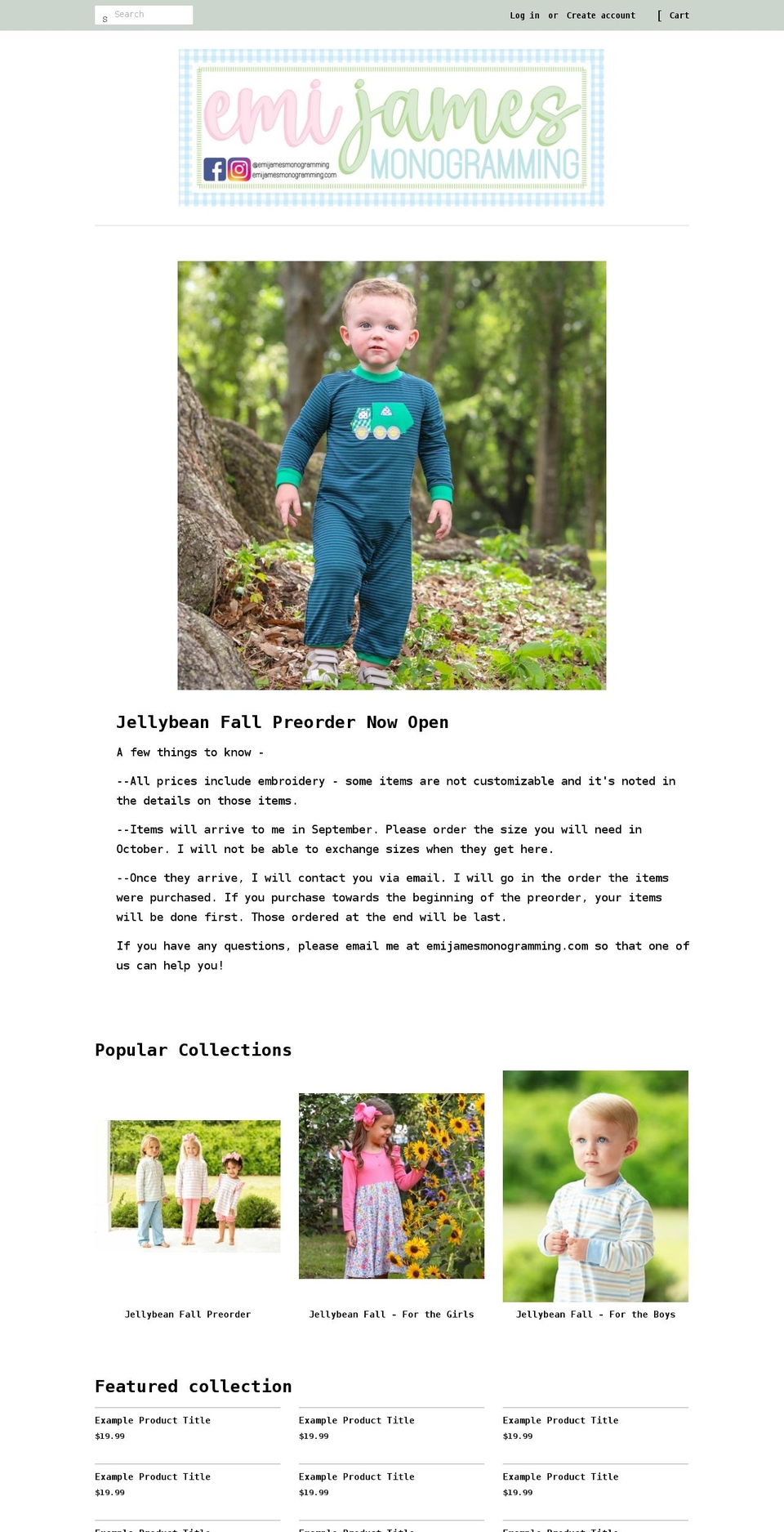 emijamesmonogramming.com shopify website screenshot