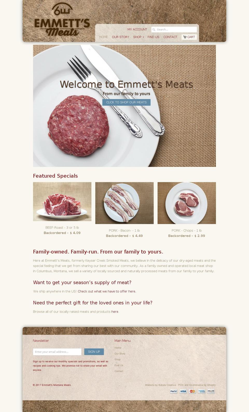 emmettsmontanameats.com shopify website screenshot
