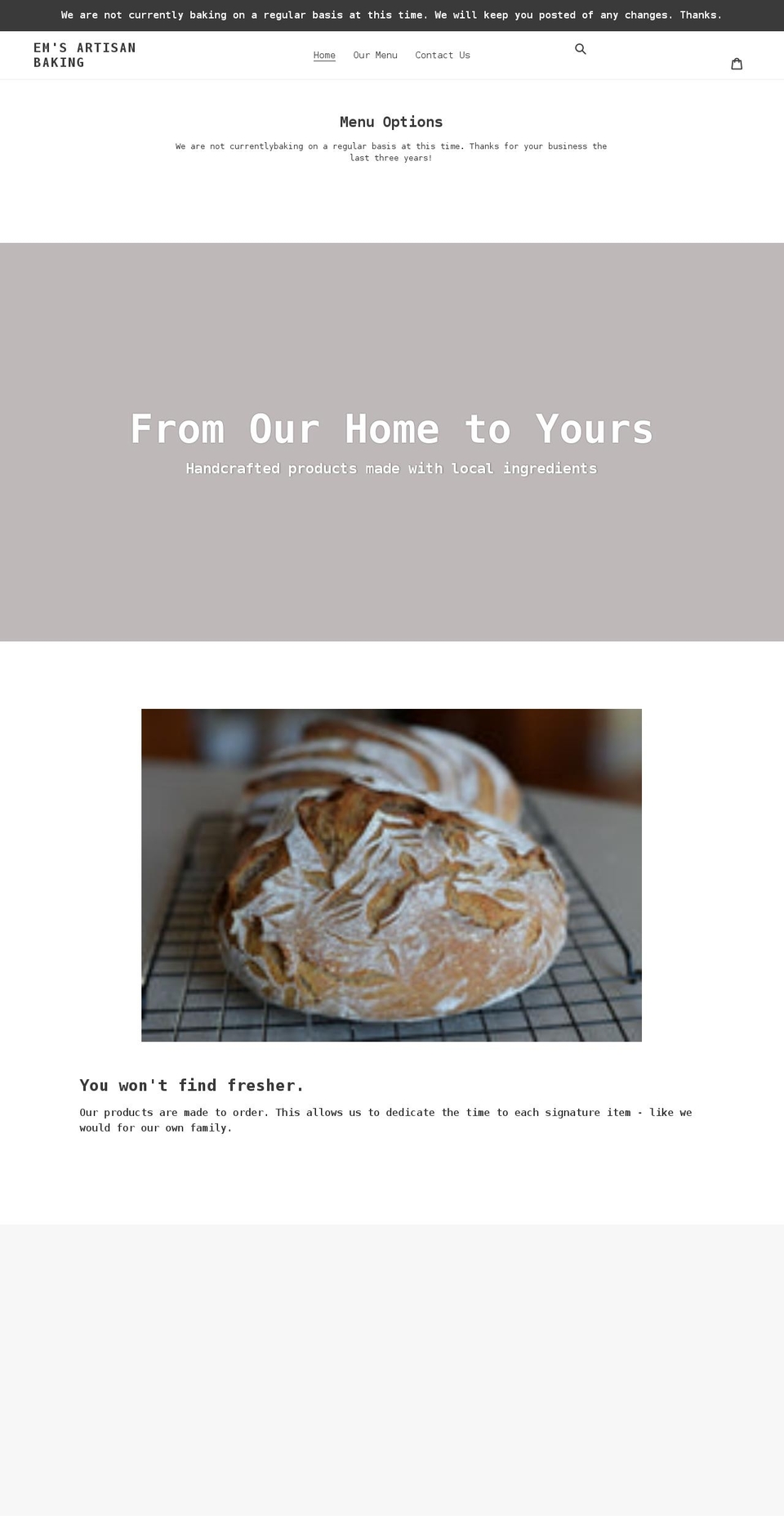 emsartisanbaking.com shopify website screenshot