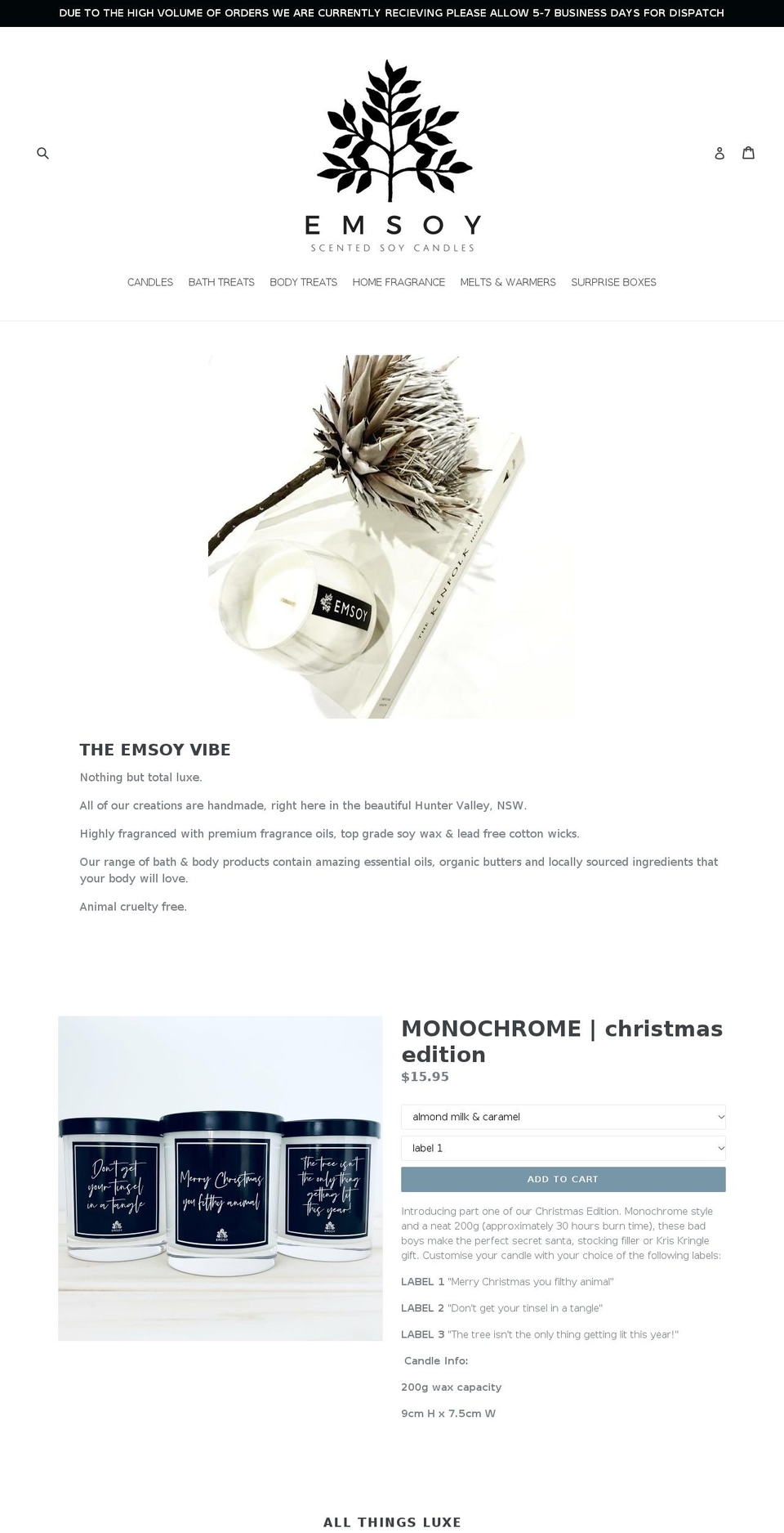 emsoysoycandles.com — Shopify storefront screenshot