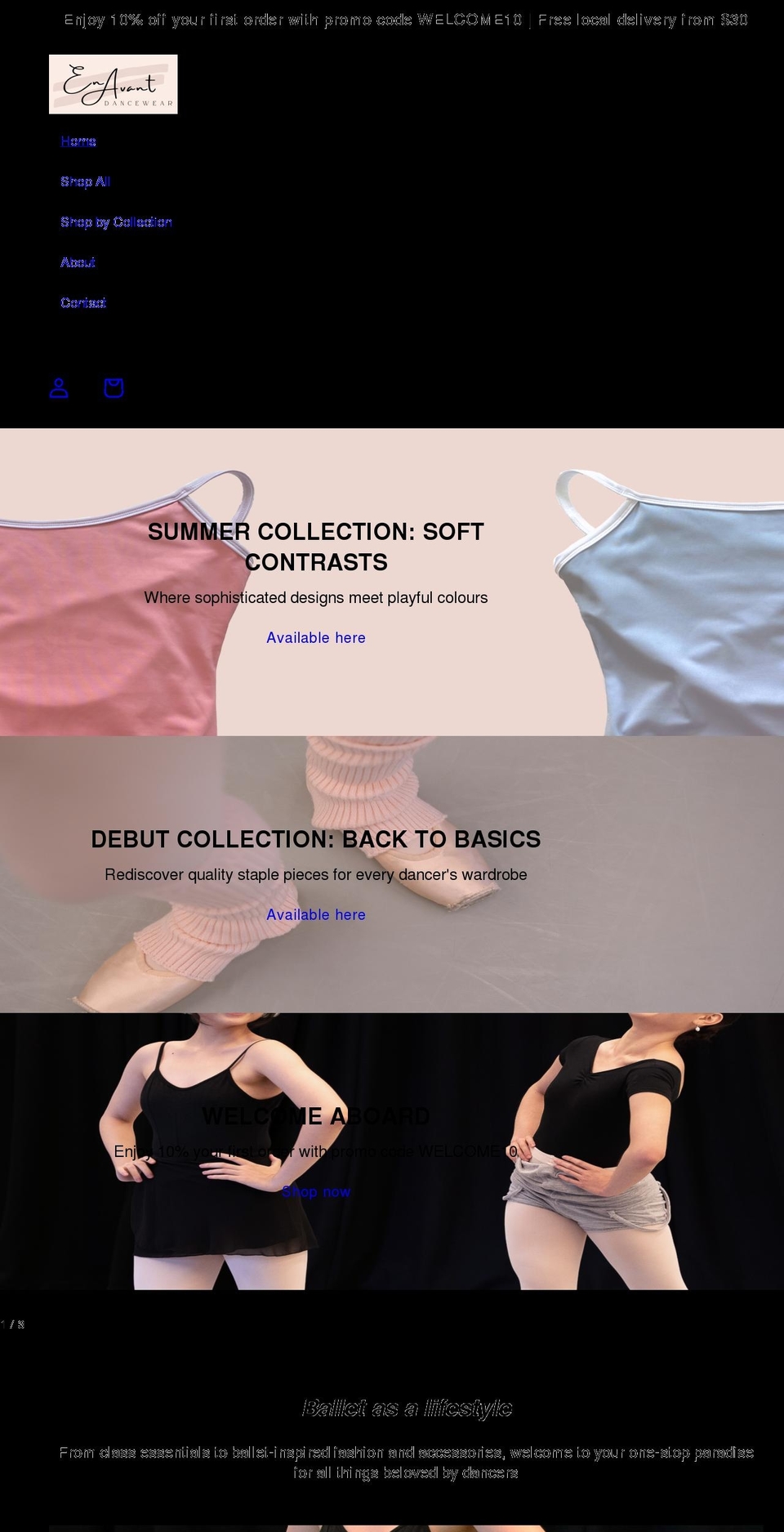 enavantdancewear.com shopify website screenshot