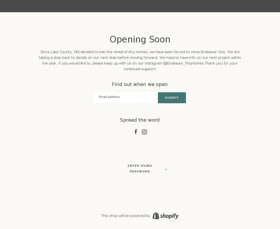 endeavortinyhomes.com — Shopify storefront screenshot