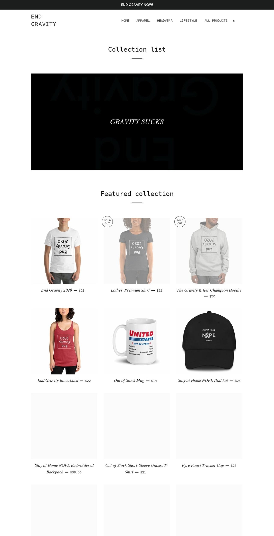 endgravity.com shopify website screenshot