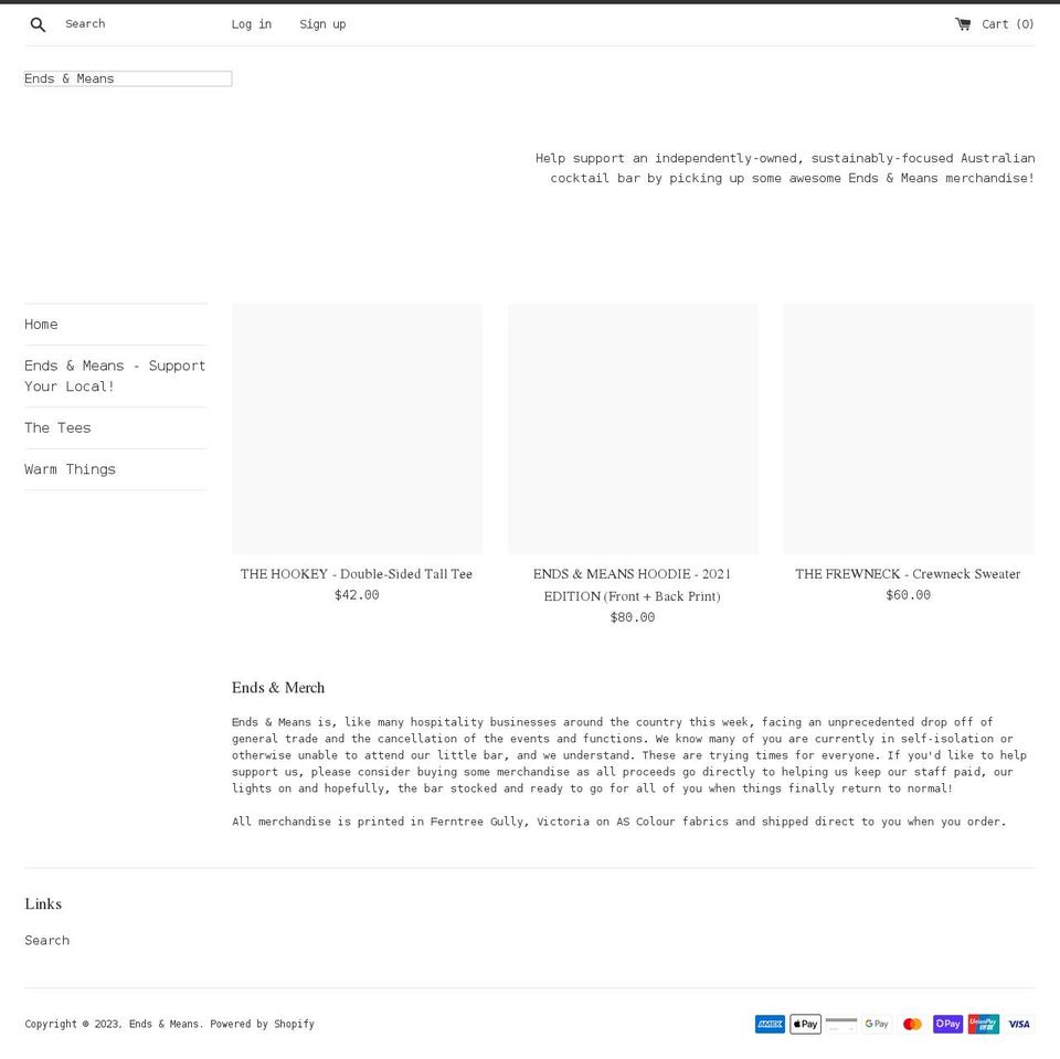 endsandmeansfitzroy.myshopify.com shopify website screenshot