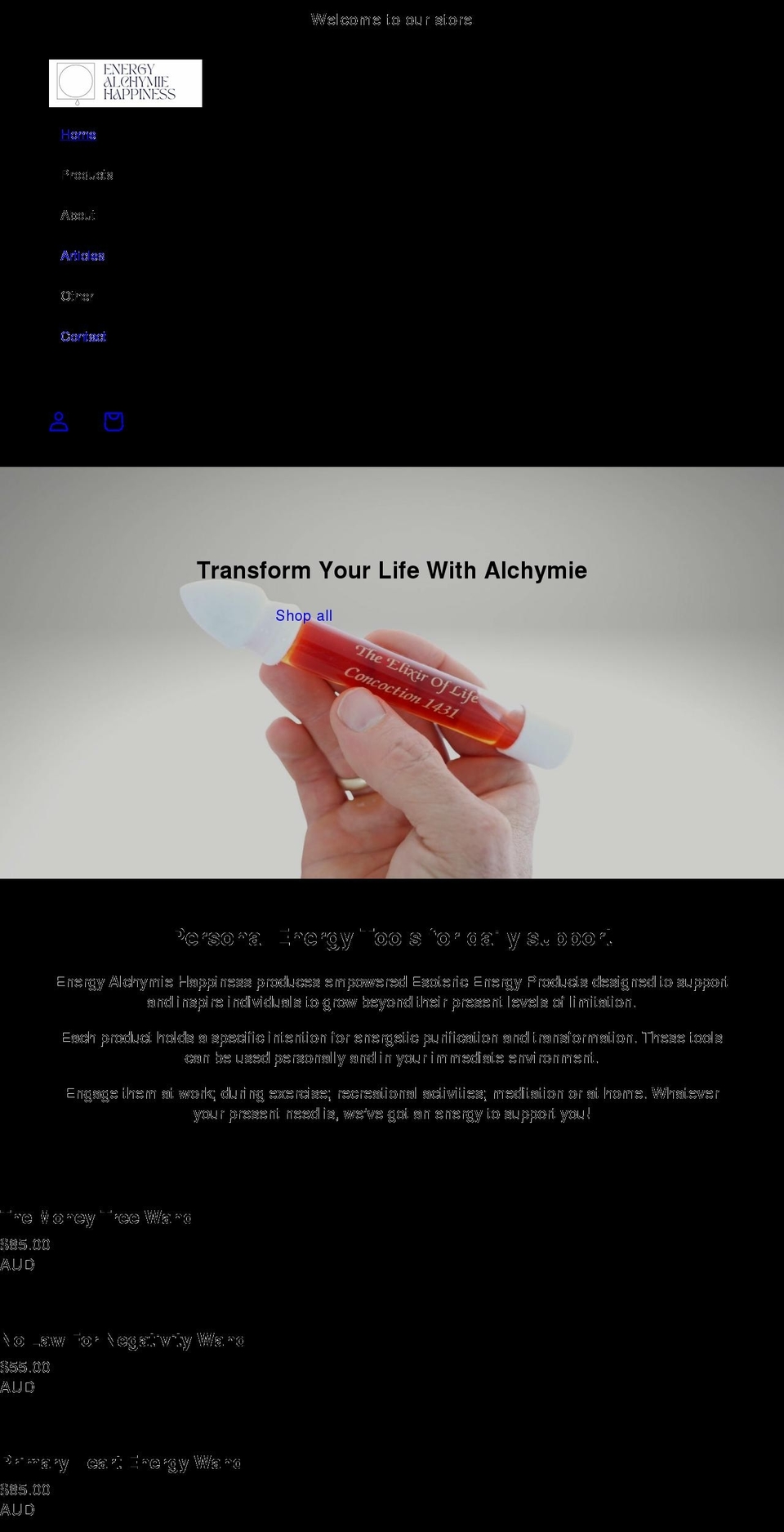 energyalchymiehappiness.com shopify website screenshot