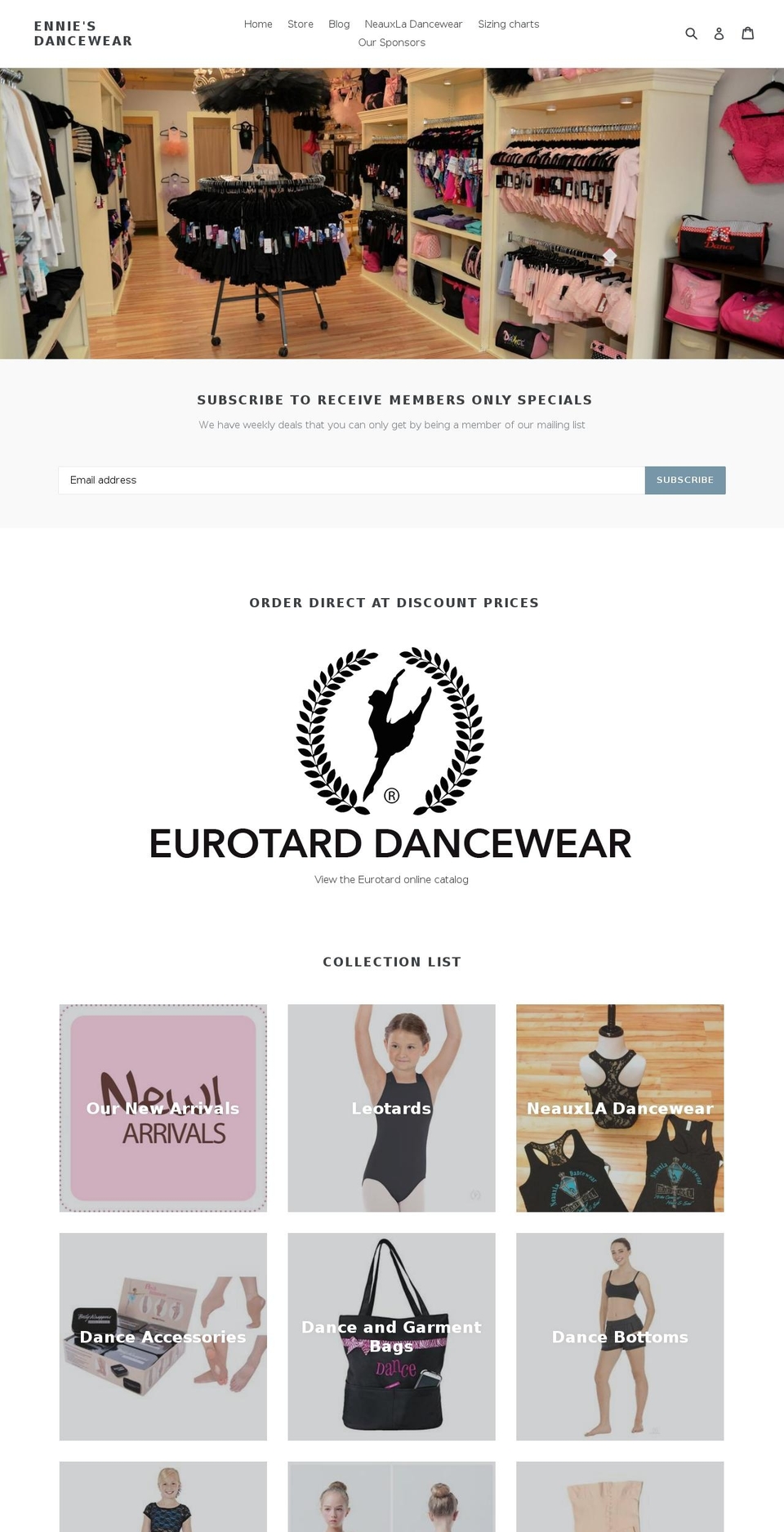 enniesdancewear.com shopify website screenshot