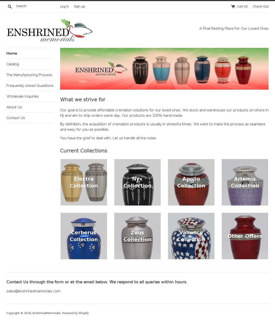 enshrinedmemorials.com — Shopify storefront screenshot