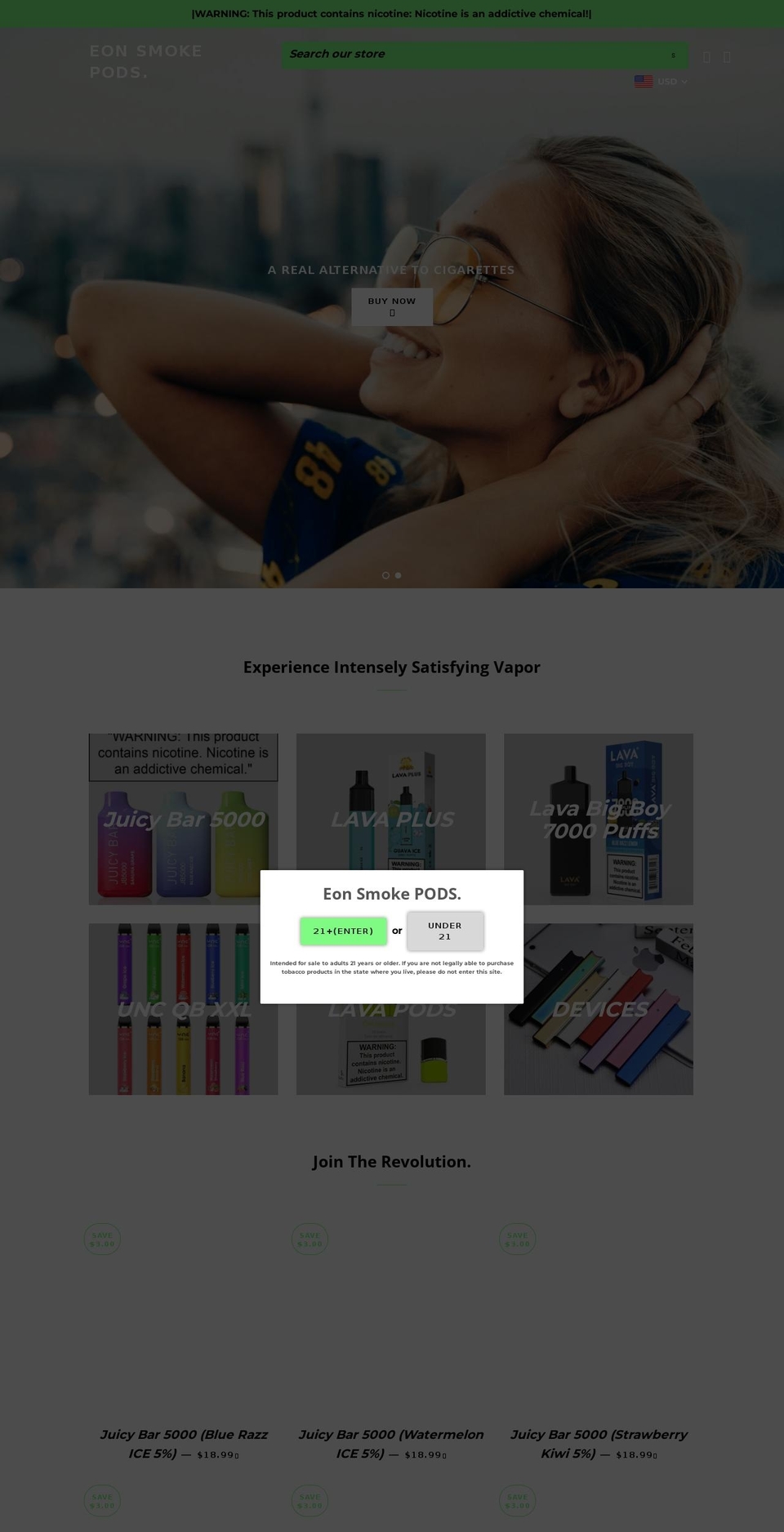 eonsmokepods.com — Shopify storefront screenshot