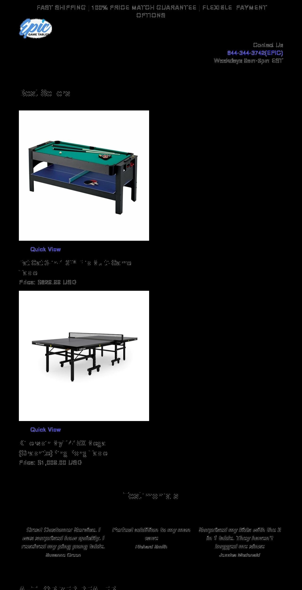 epicgametables.com shopify website screenshot