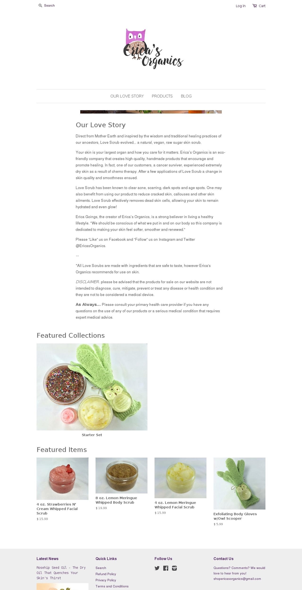 ericasorganics.com shopify website screenshot