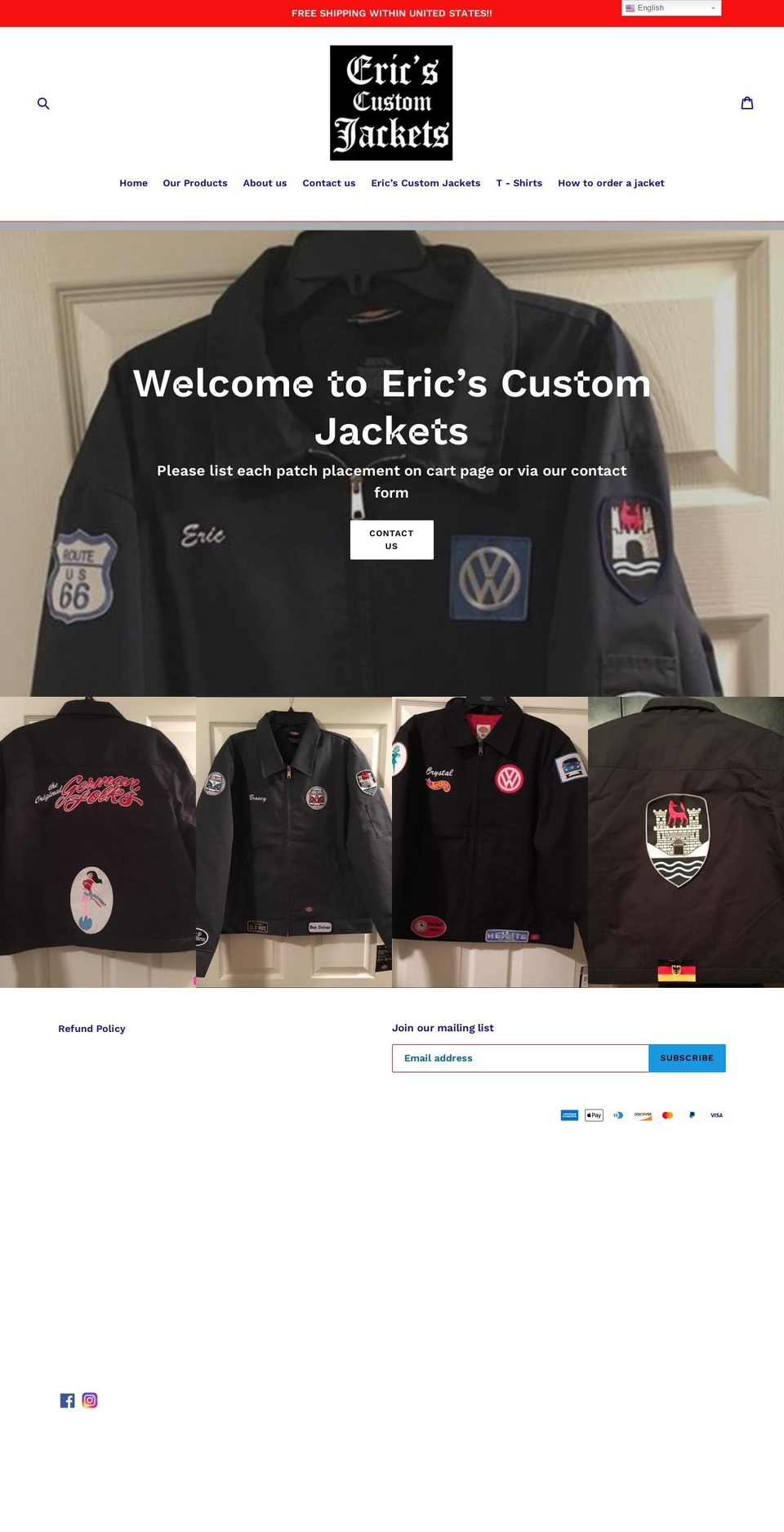 ericscustomjackets.com — Shopify storefront screenshot