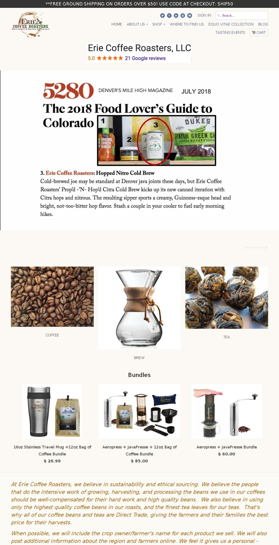 eriecoffeeroasters.com shopify website screenshot
