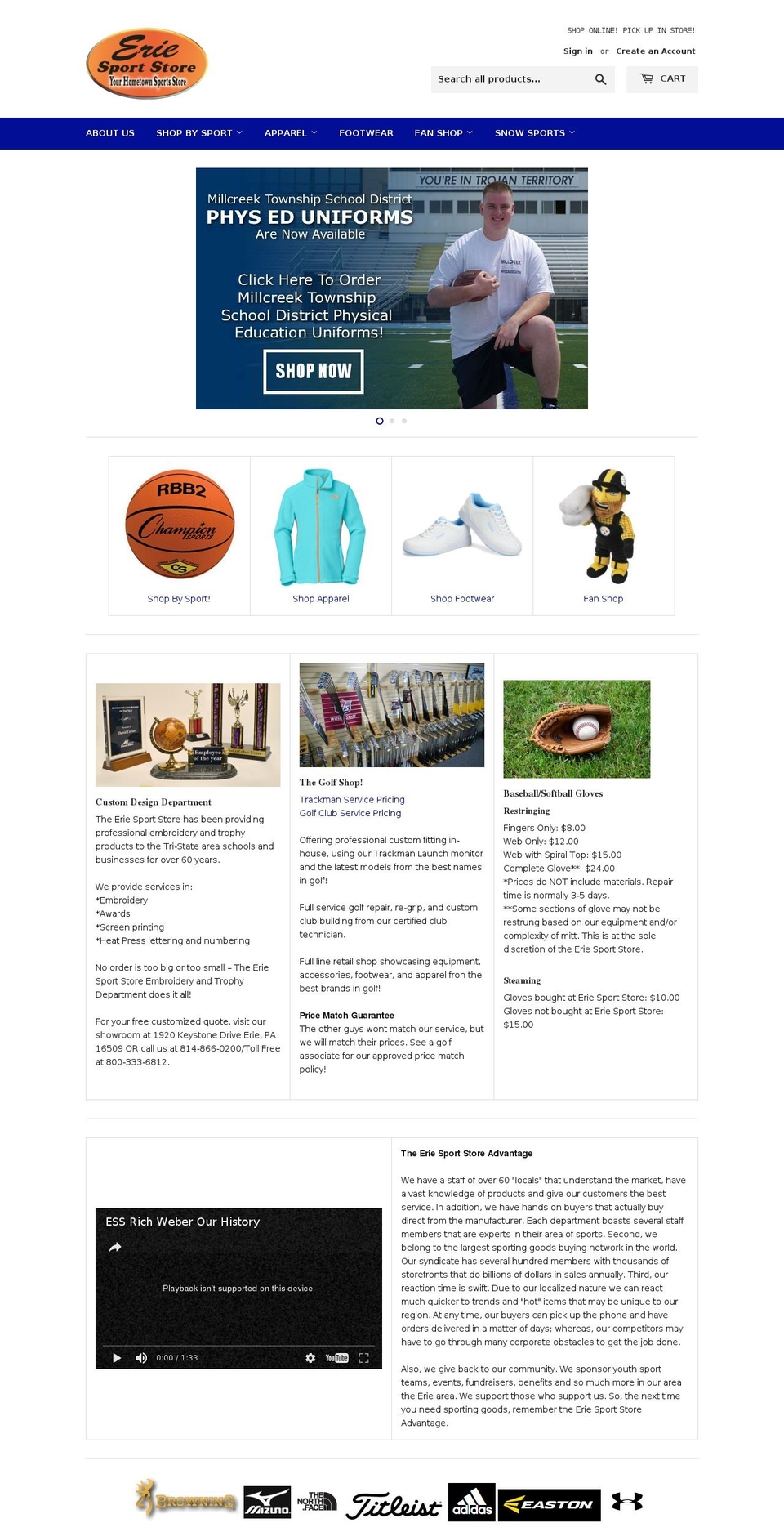 eriesportstores.com shopify website screenshot