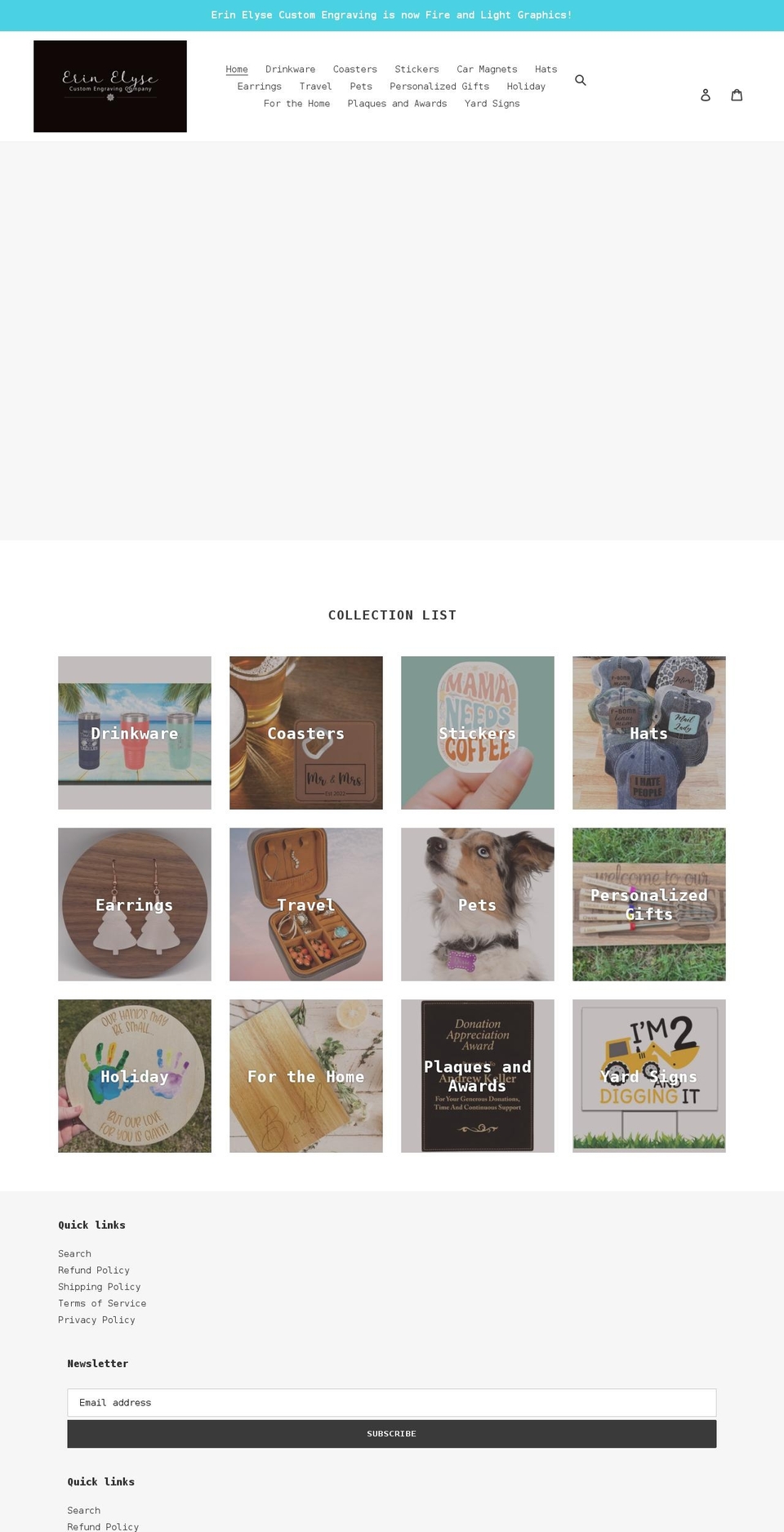 erinelysecustomengraving.com shopify website screenshot