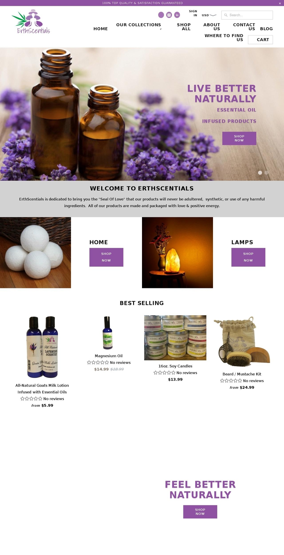 erthscentials.com shopify website screenshot