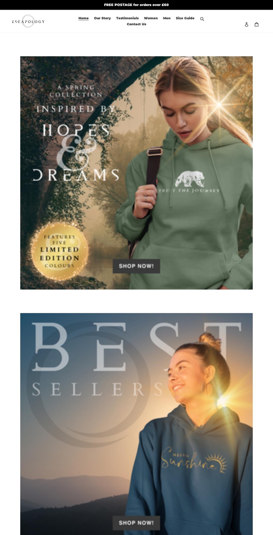 escapologyclothing.co.uk shopify website screenshot