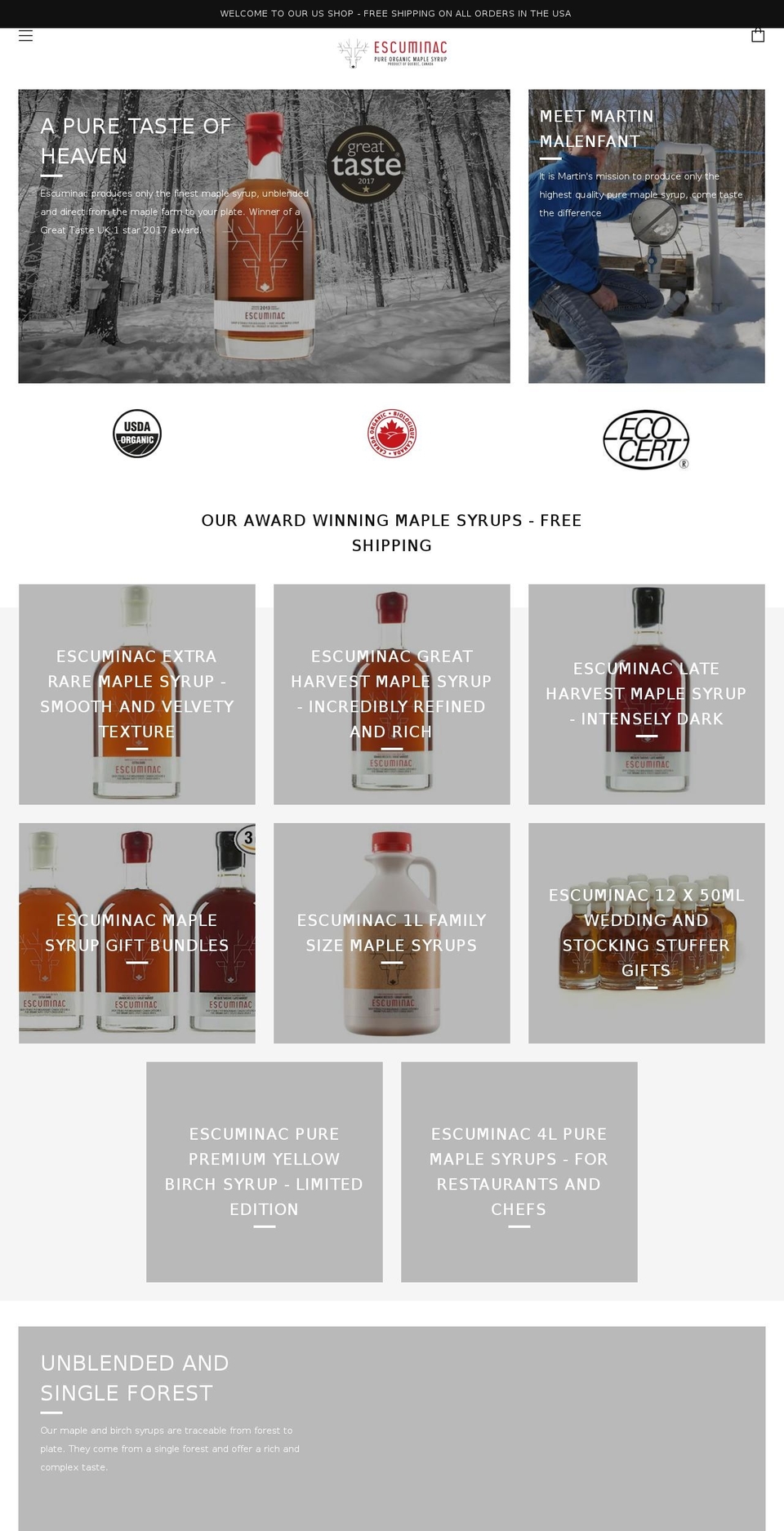 escuminacmaplesyrup.com shopify website screenshot