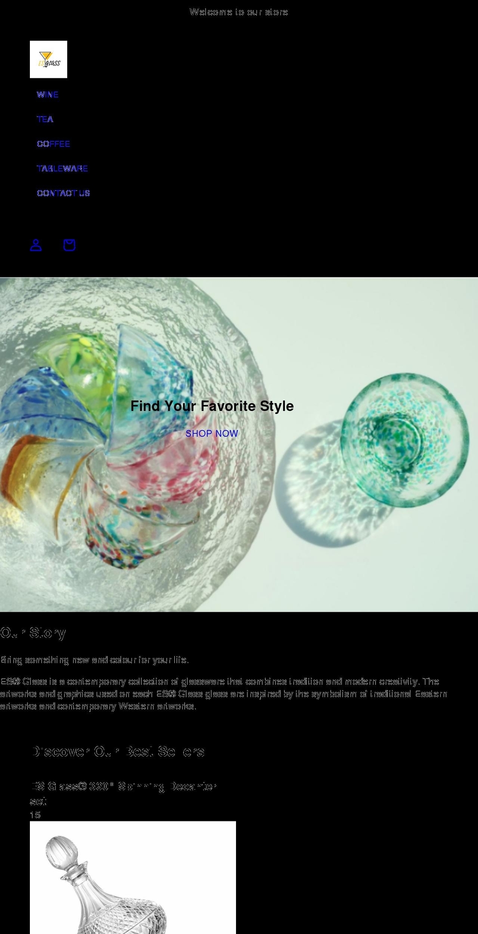 esglassware.com shopify website screenshot