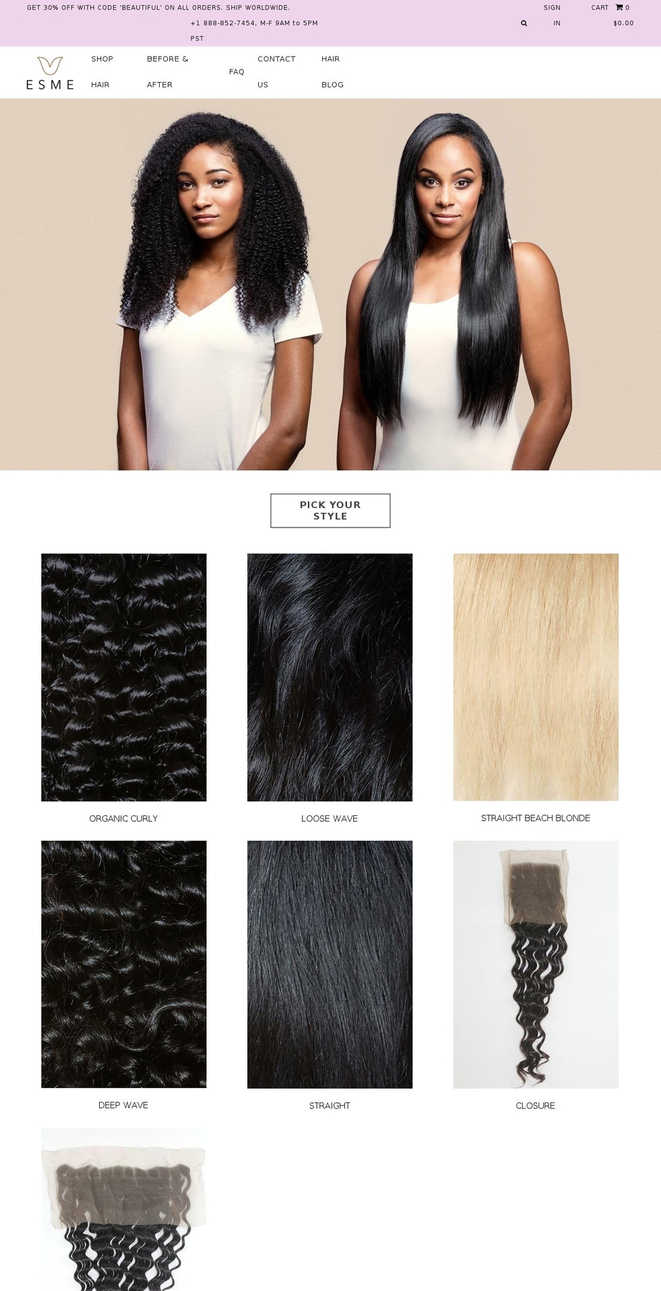 esmehair.com — Shopify storefront screenshot