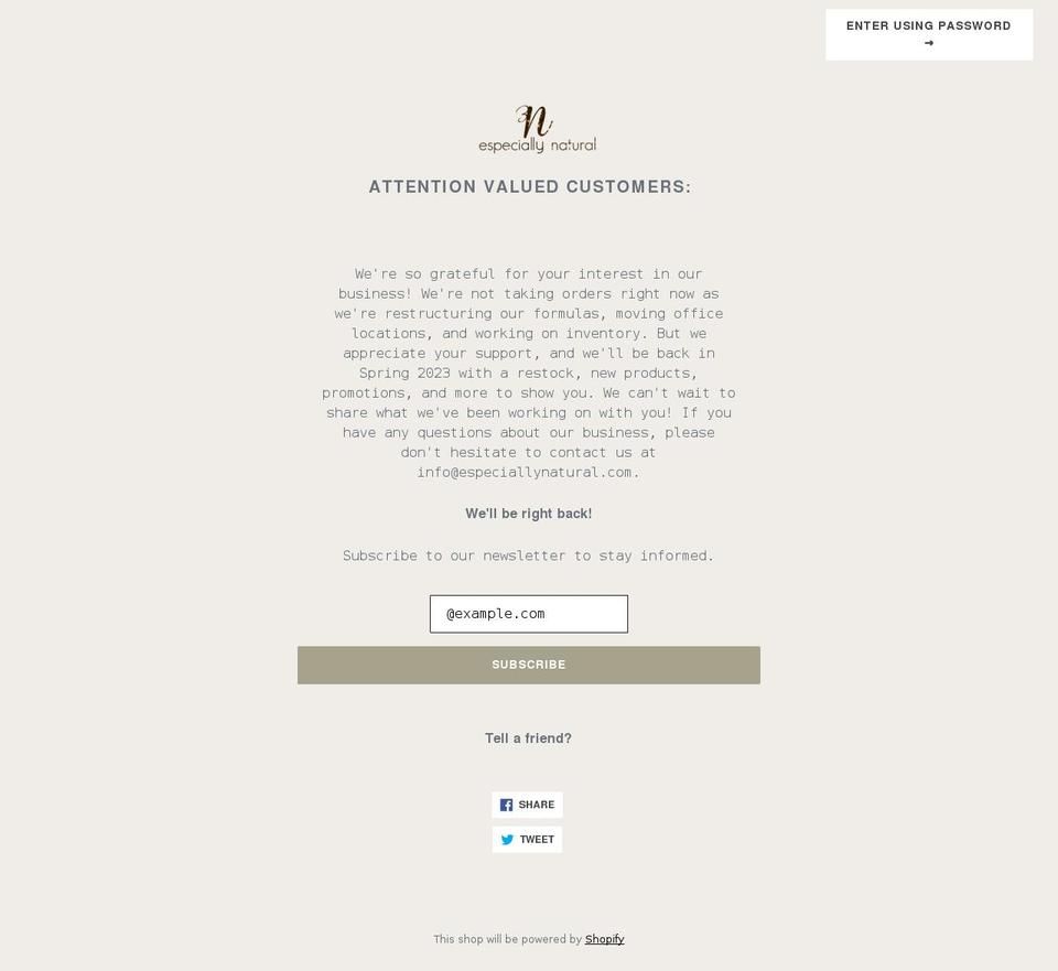 especiallynatural.com — Shopify storefront screenshot