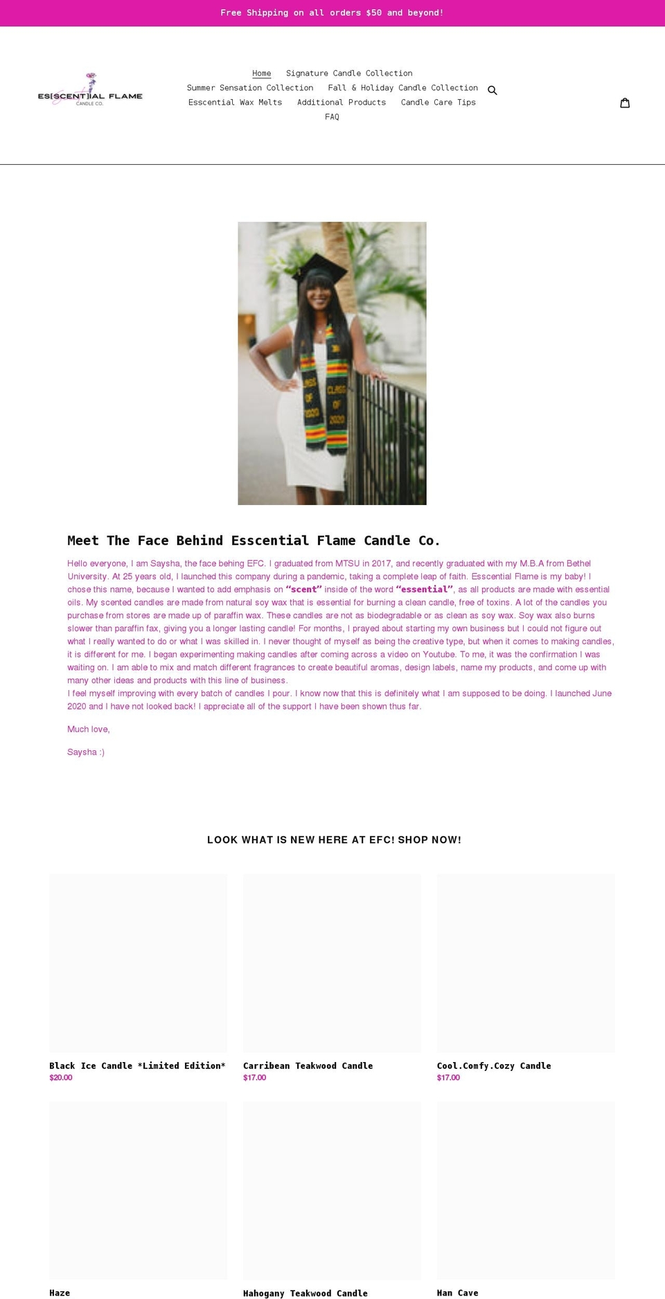 esscentialflamecandles.com shopify website screenshot